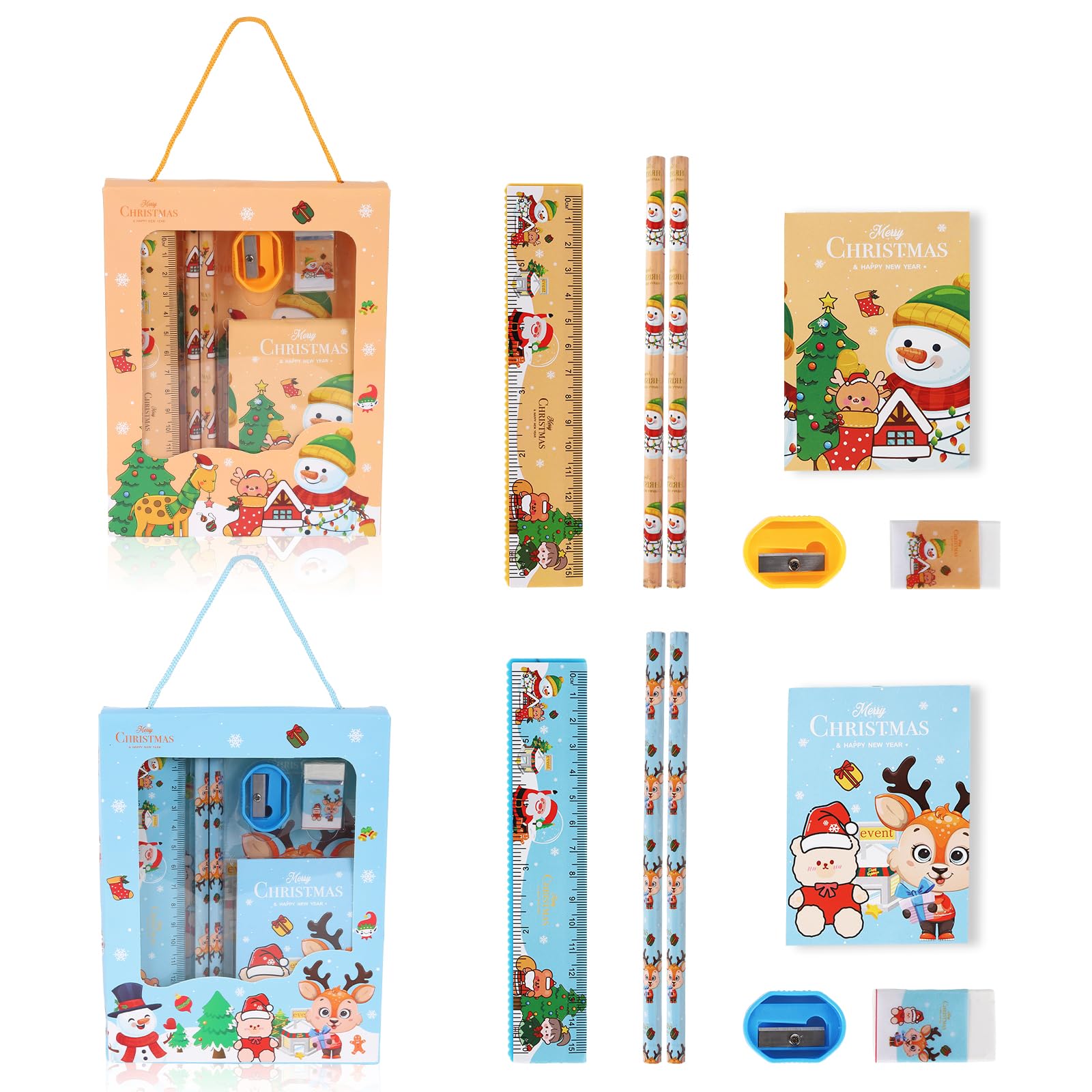 Set Cancelleria Natalizia Per Bambini - 2 Confezioni Regalo - Con Matite, Quaderno, Righello, Gomma E Temperino