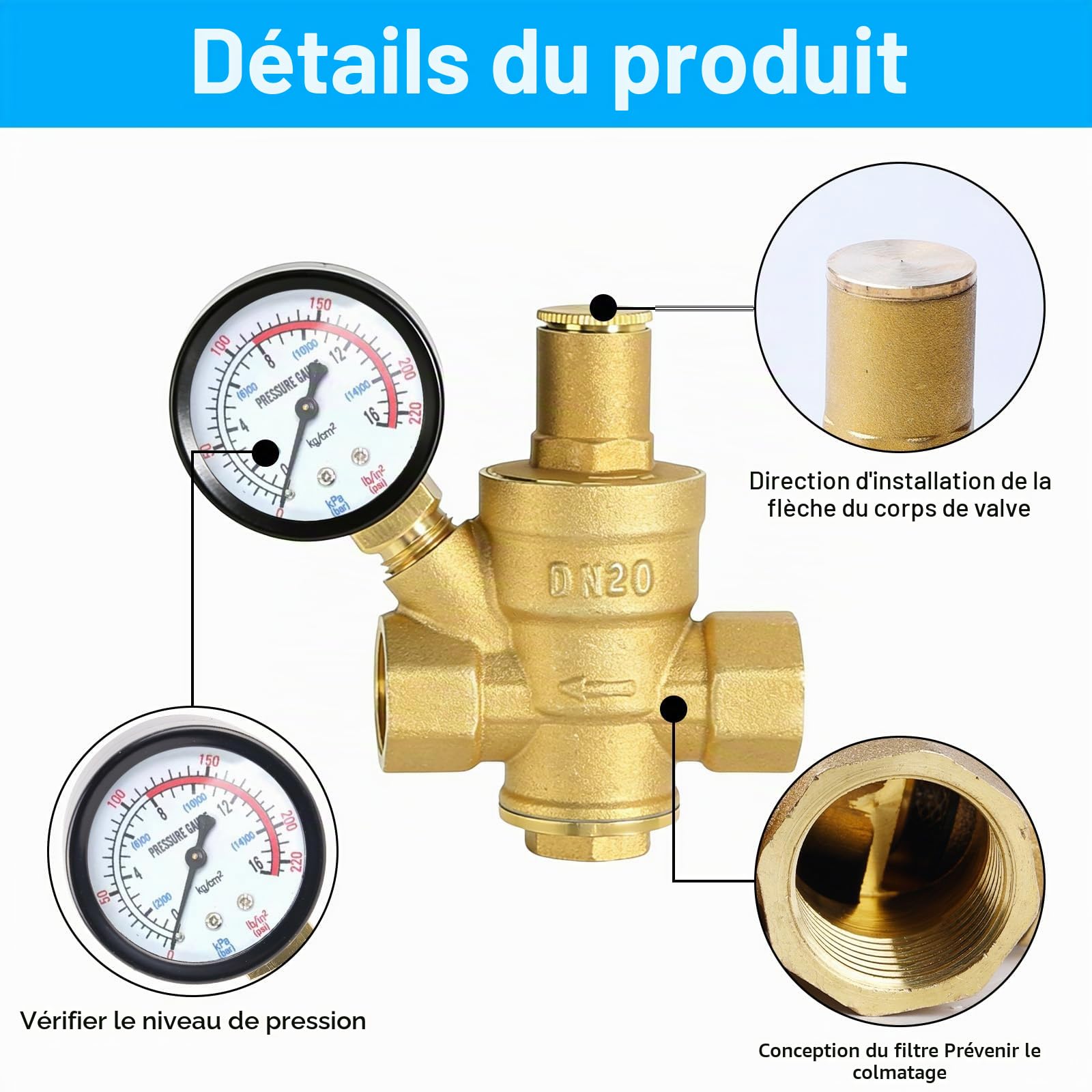 Réducteur de pression d'eau 3/4 pouces DN20 avec manomètre, réducteur de pression d'eau en laiton, régulateur de pression d'eau réglable réducteur de pression 1,6 MPa régulateur