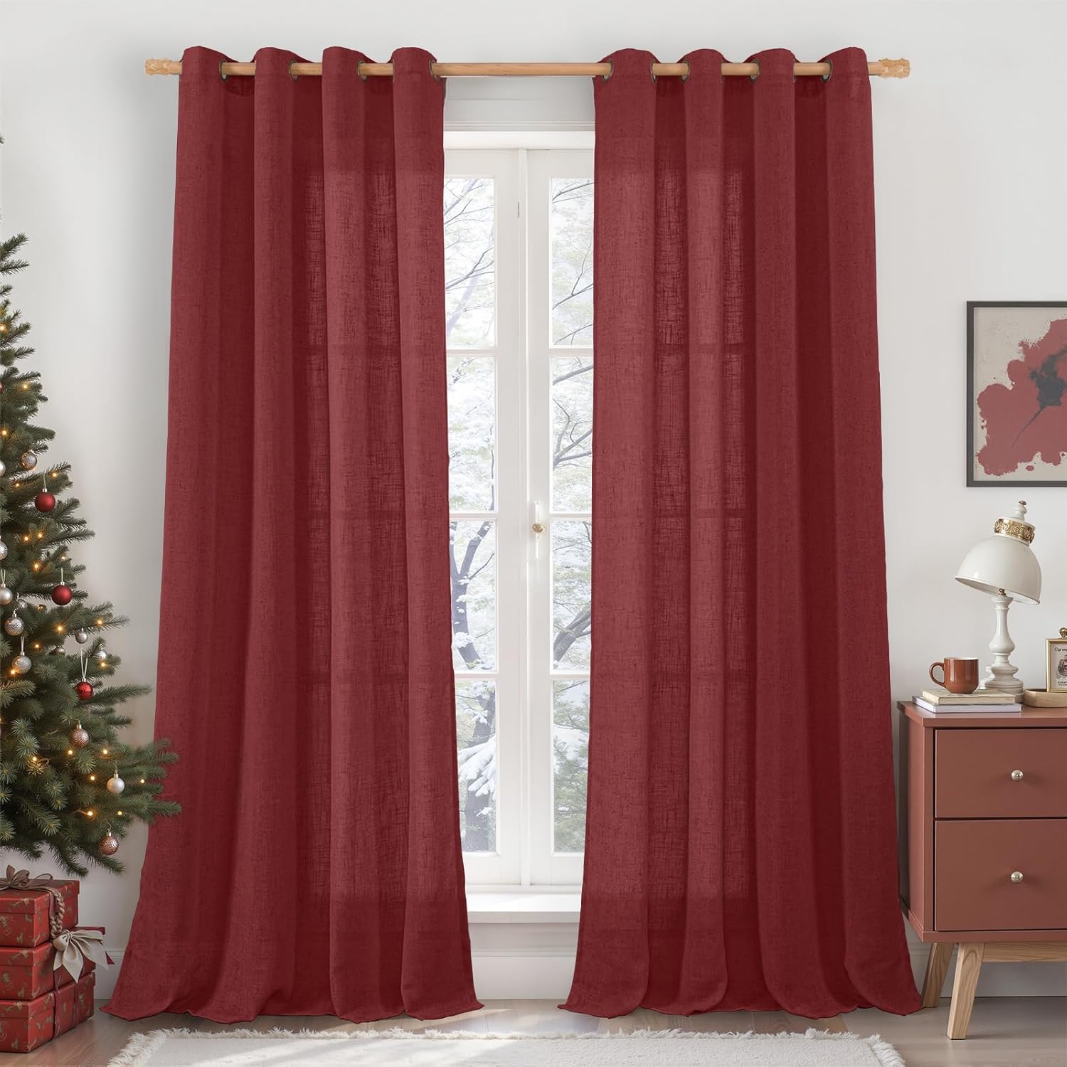 LAMIT Burgundy Red Sheer Linen Curtains 84 inch Length, Light Filtering Semi Sheer Panels Linen Textured Bronze Grommet Christmas Drapes for Living Room/Bedroom, 2 Panels, 52 x 84 Inch 52"W x 84"L (Pack of 2) Burgundy Red