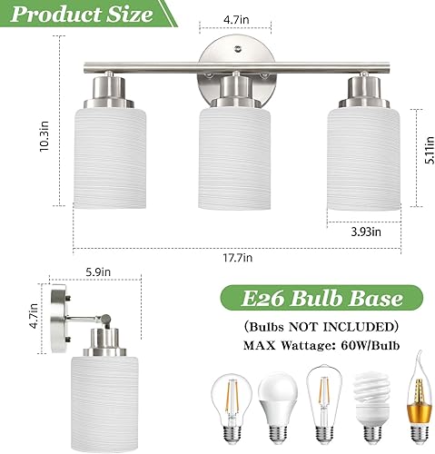 Miniatura 2 de Lámparas de baño de 3 luces, luces de tocador para espejo con pantalla de vidrio blanco lechoso texturizado, lámpara de pared moderna para cocina,