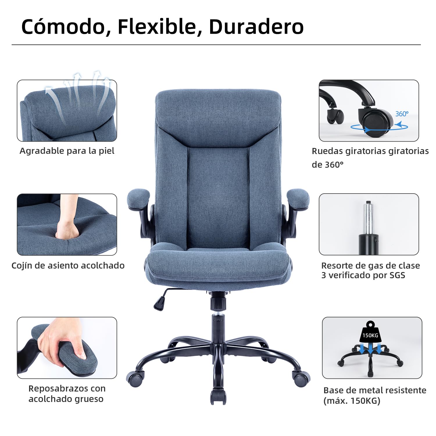 MZLEE Silla Escritorio Ergonómica de Tela, Silla Oficina, Azul | Reposabrazos Abatibles, Soporte Lumbar, Capacidad 150 kg, Giratoria, Azul Marino