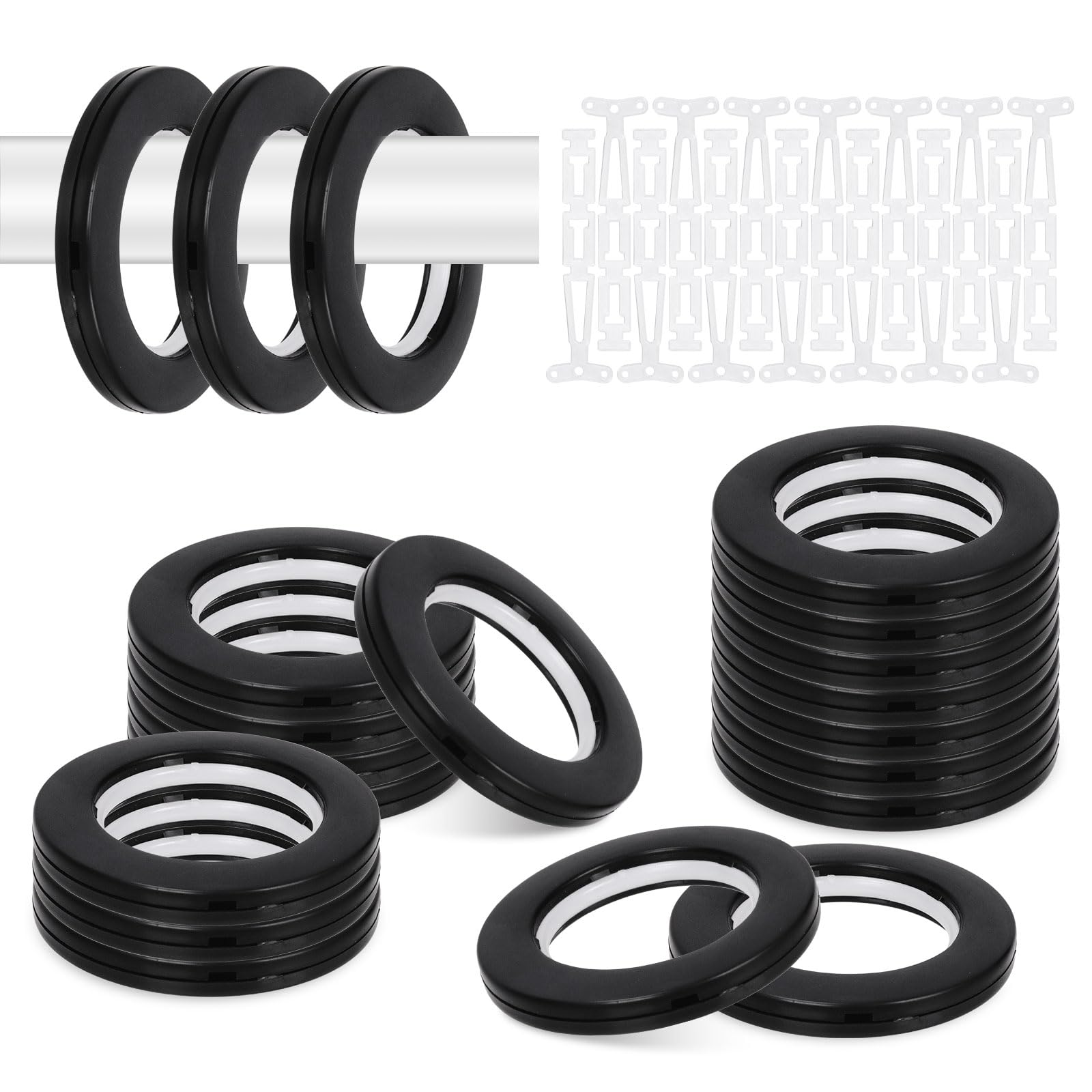 Glarks 20 Sets 1-5/8" (42mm) ID Curtain Grommets Plastic Grommet Eyelets Rings with Washers Easy Push Snap Grommet Low Noise Sliding Curtain Ring for DIY Curtains, Canvas, Leather Craft (Black)