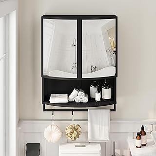 LIFE SKY 23.62" Wall Mounted Cabinet with Mirror: Modern Arched Double Door Storage Unit - Iron Frame & Shatterproof Mirror Design for Studio Office Entryway Living Room Bathroom Organization