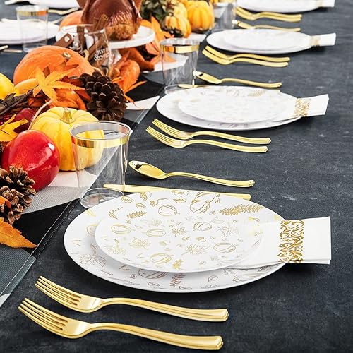 Miniatura 6 de Supernal Juego de vajilla de plástico dorado de 175 piezas, paquete de fiesta de agradecimiento, platos dorados de plástico, diseño de patrón