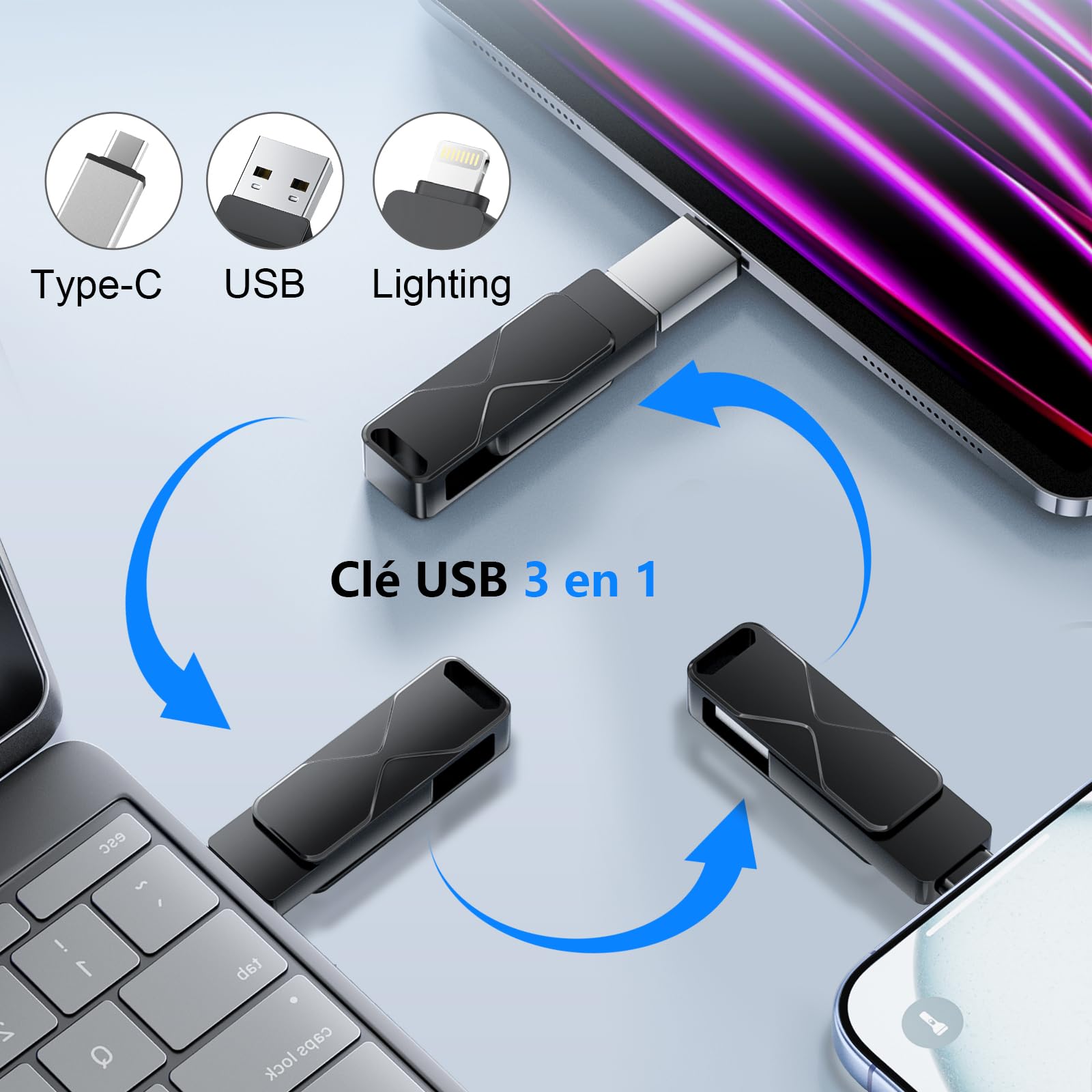 Mfi Certified Lightning 3 in 1 Memory Stick USB per iPhone 256 GB di memoria esterna penna USB per iPhone iPad, iOS, Macbook, Android, PC (nero, 256 GB)