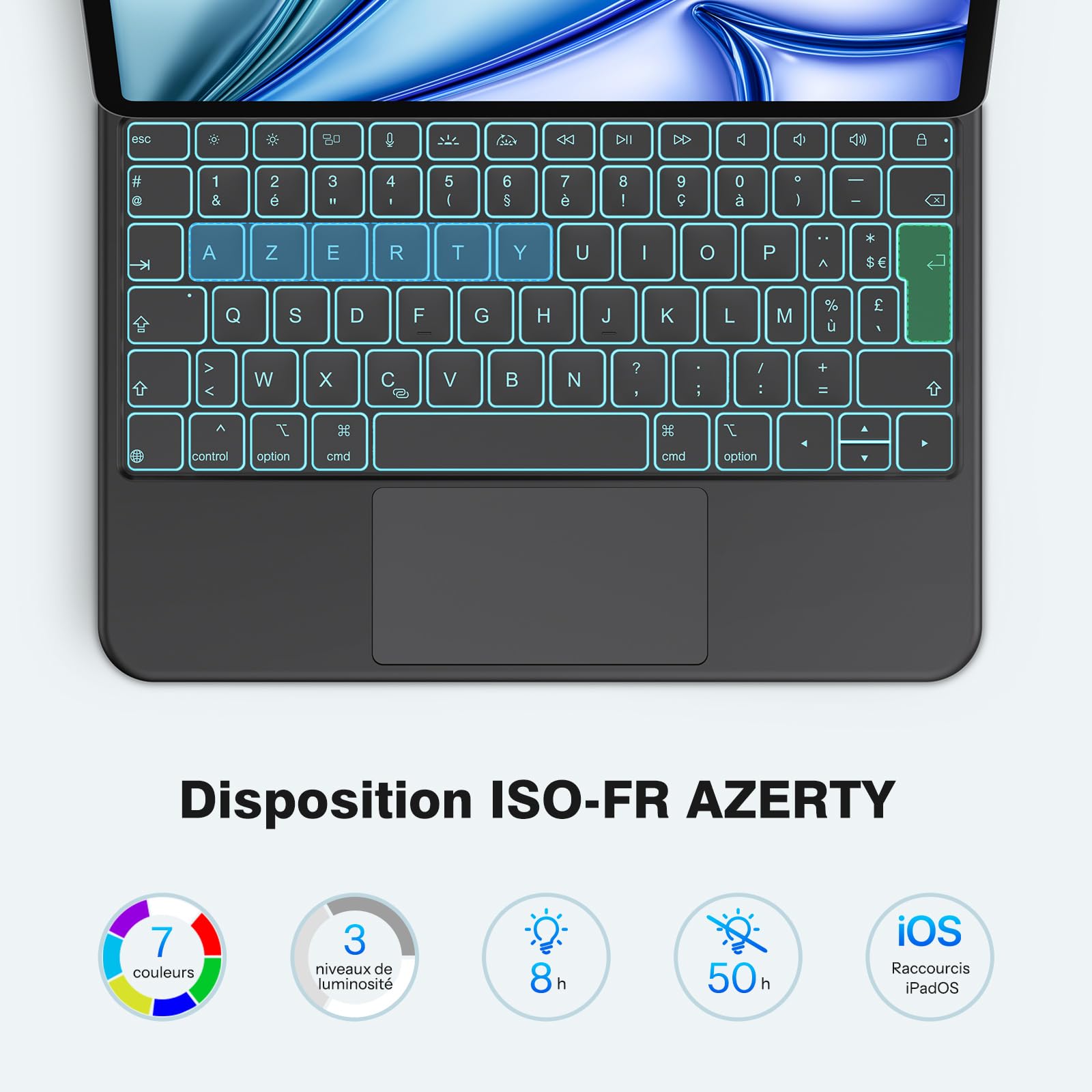 TECURS Clavier pour iPad Air 11 (M4/M3/M2, 2026/2025/2024)/Air 5/4 AZERTY ISO-FR, Magic Keyboard pour iPad Pro 11" (4/3/2/1 Gen) avec Pavé Tactile Pleine Surface, Rétroéclairé Réglable, Portable Noir