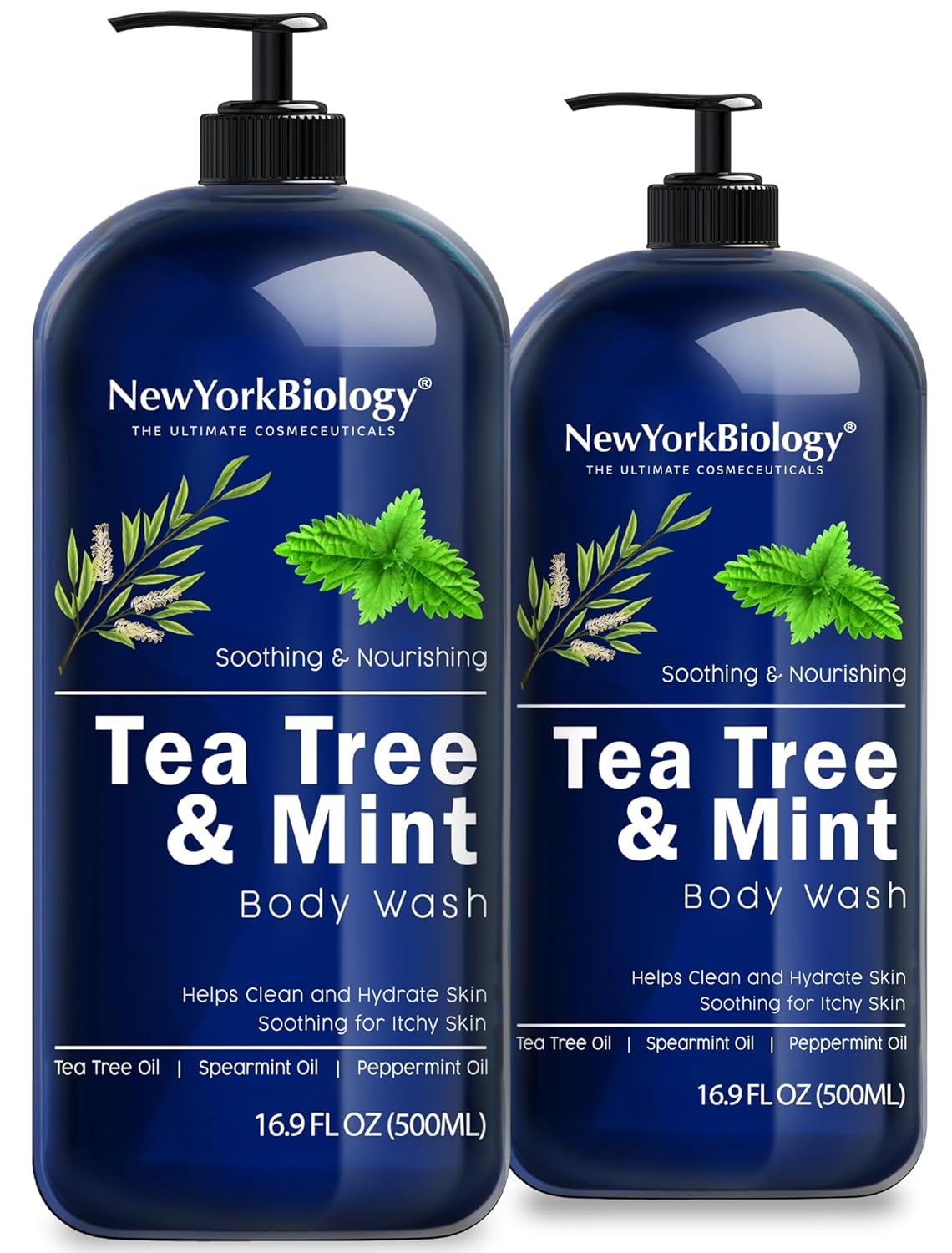 New York Biology Tea Tree Mint Body Wash for Men and Women – Moisturizing Body Wash Helps Soothe the Skin – Refreshing and Hydrating Cleanser for Body and Feet – 16.9 Fl Oz (Pack of 2)
