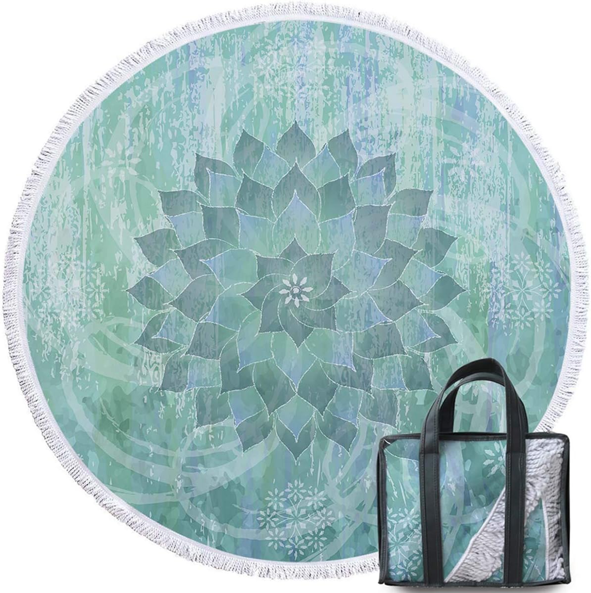 Sleepwish Ombre Mandala Round Beach Towel - 60 Inch Diameter, Microfiber, With Tassels, Vintage Green, For Beach, Yoga, Picnic