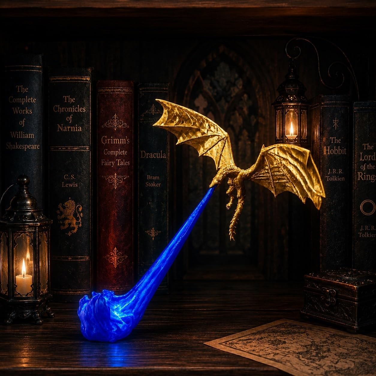 3D Printed Fire Breathing Dragon, Book Nook Light,Flying Dragon Design | Red or Blue Flame | Large & Small Options | Book Lover Gift | Halloween Shelf Display (C-big)