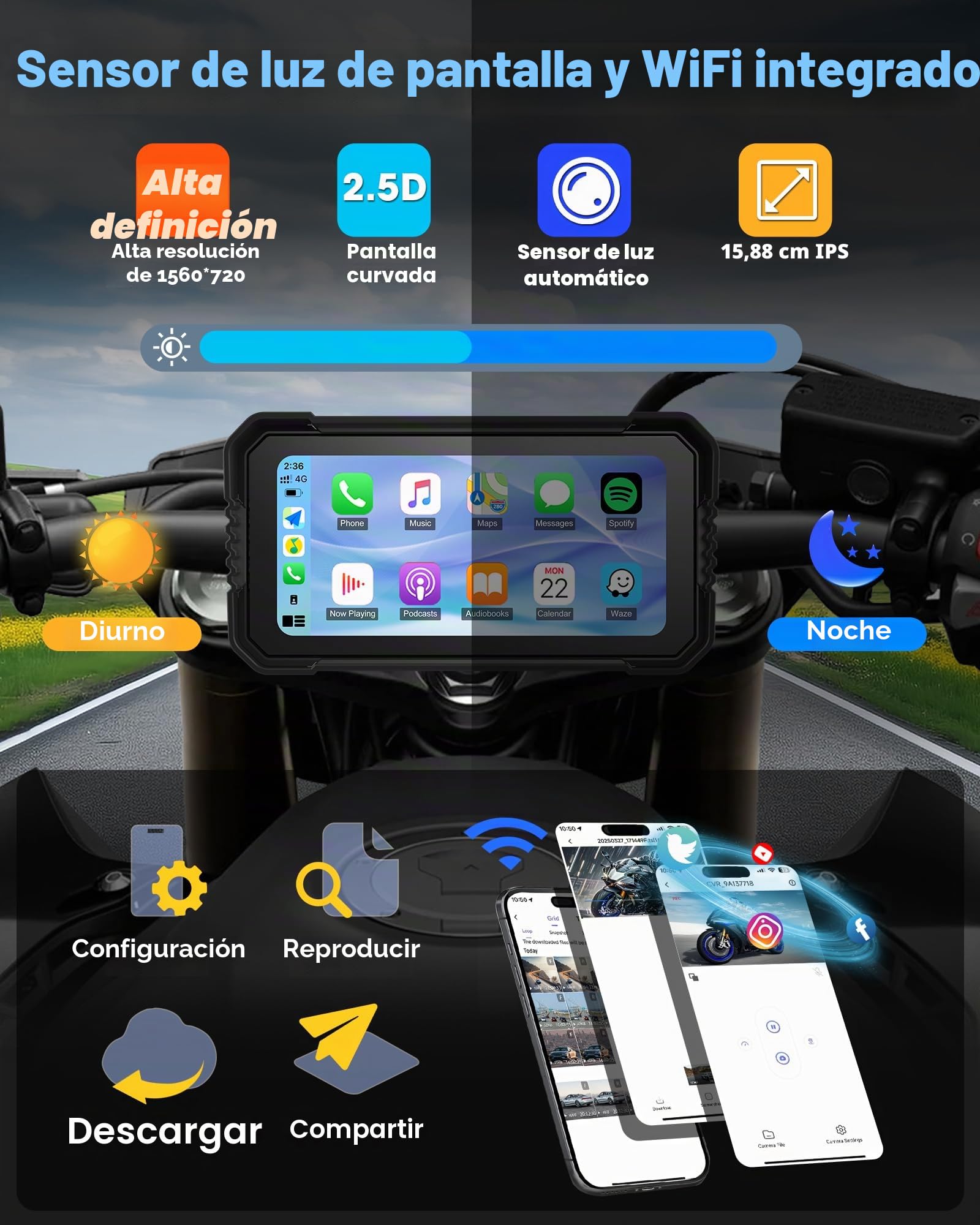 2025 4K Carplay Moto Android Auto Pantalla Carplay 6,25 Pulgadas con Navegador Moto Doble Cámara, GPS Moto con WiFi, Navegación GPS, Control Remoto, Bluetooth, Tarjeta TF 64G