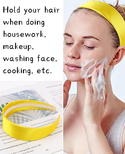 Miniatura 3 de Wecoe Diadema amarilla de 1.6 pulgadas de ancho de satén de seda para mujer, antideslizante, a la moda, banda lisa para el cabello, accesorios para