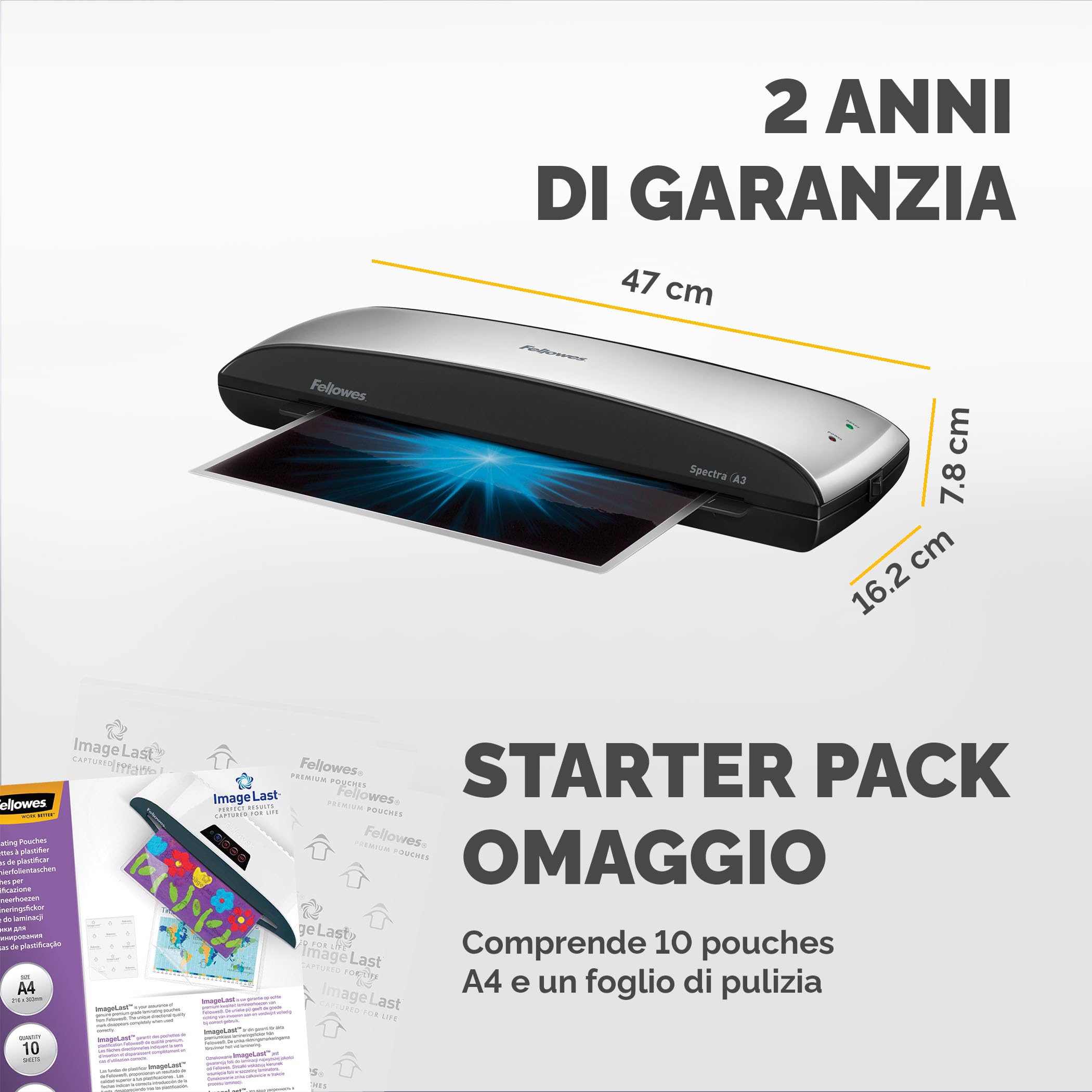 Fellowes plastificatrice Spectra A3, formato A3, fino a 125 Micron, per casa e ufficio, plastificatrice con leva di sblocco e modalità riposo, riscaldamento in 4 minuti, starter pack con 10 pouches