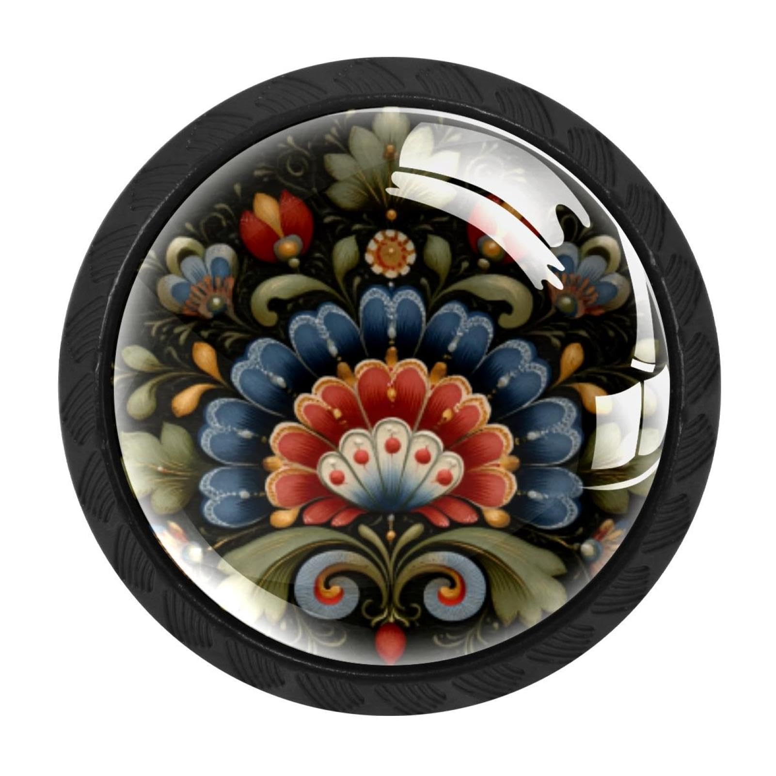 CHENZZZZ 4 Pieces Kitchen Cabinet Drawer Dresser Door Knobs Pulls Handles, Norwegian Rosemaling Folk Style Flower (47)