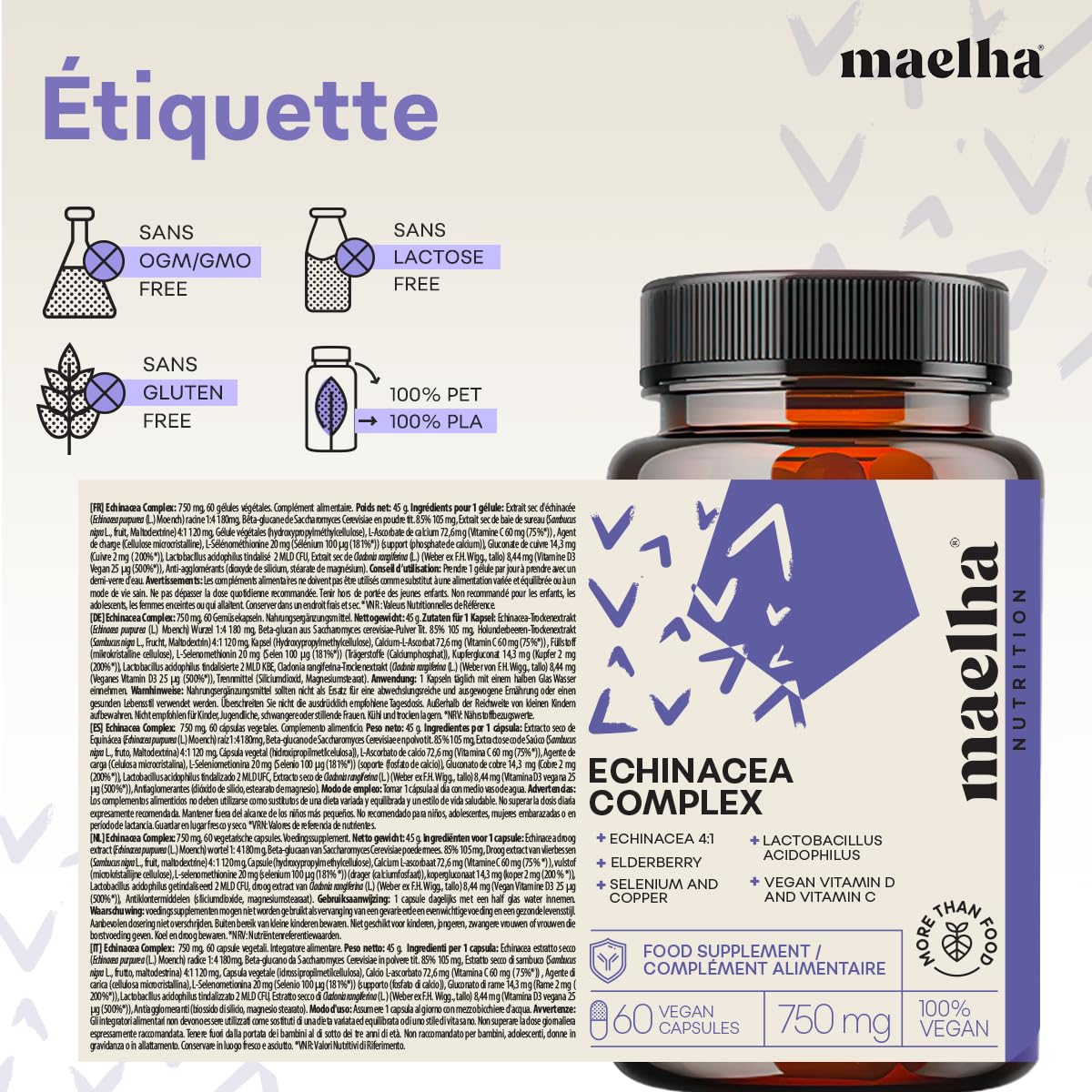 ÉCHINACÉE COMPLEX | Échinacée, ESTER-C, Bêta-glucanes, Sureau, Vitamine D, Sélénium, Cuivre, Lactobacillus acidophilus | Système immunitaire | 60 Gélules végétales | Formule 100% VEGAN