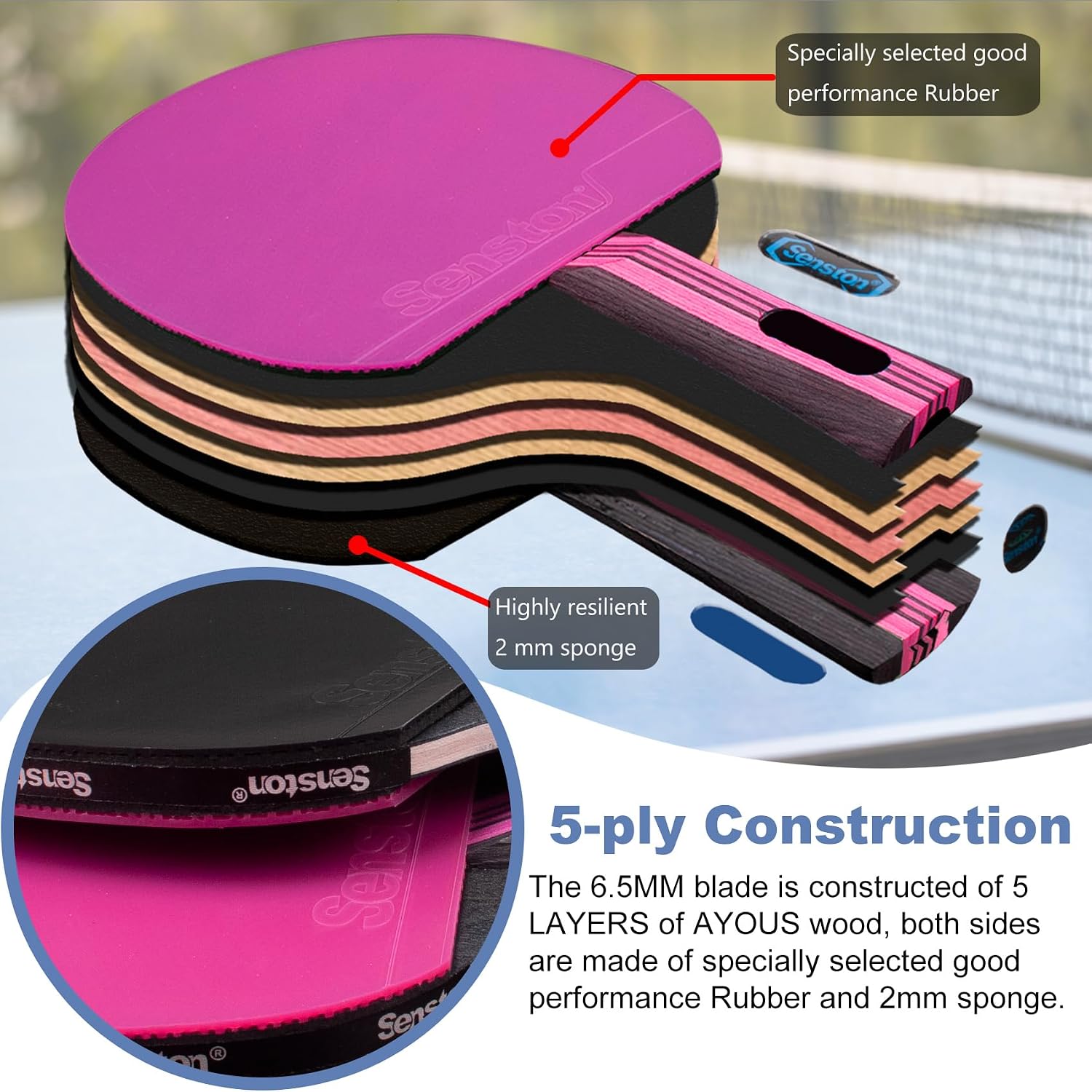 Senston 5-Ply Ping Pong Paddles Set – Premium Wood Table Tennis (Set of 2) with 3 Balls & Portable Carry Case – High-Control 2mm Sponge & Ergonomic Non-Slip Grip for Beginners & Family Play