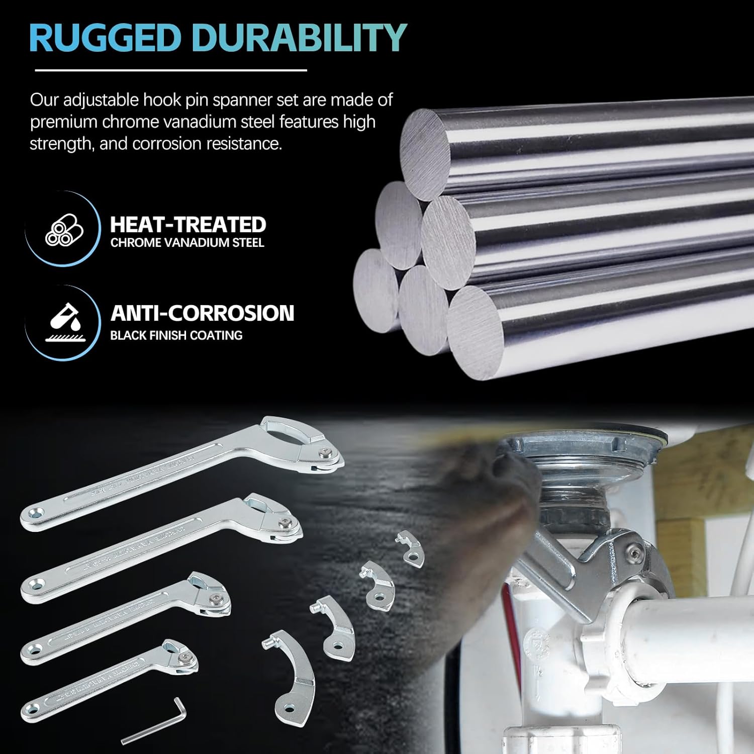 Sunluway Adjustable Pin Spanner Wrench Tool Set, 9 Pack C Spanner Nut Wrench Tools with Changeable Heads, Coilover Hook Wrenches for Suspension System Collar, Nut Adjustment, 3/4" to 6-7/10"