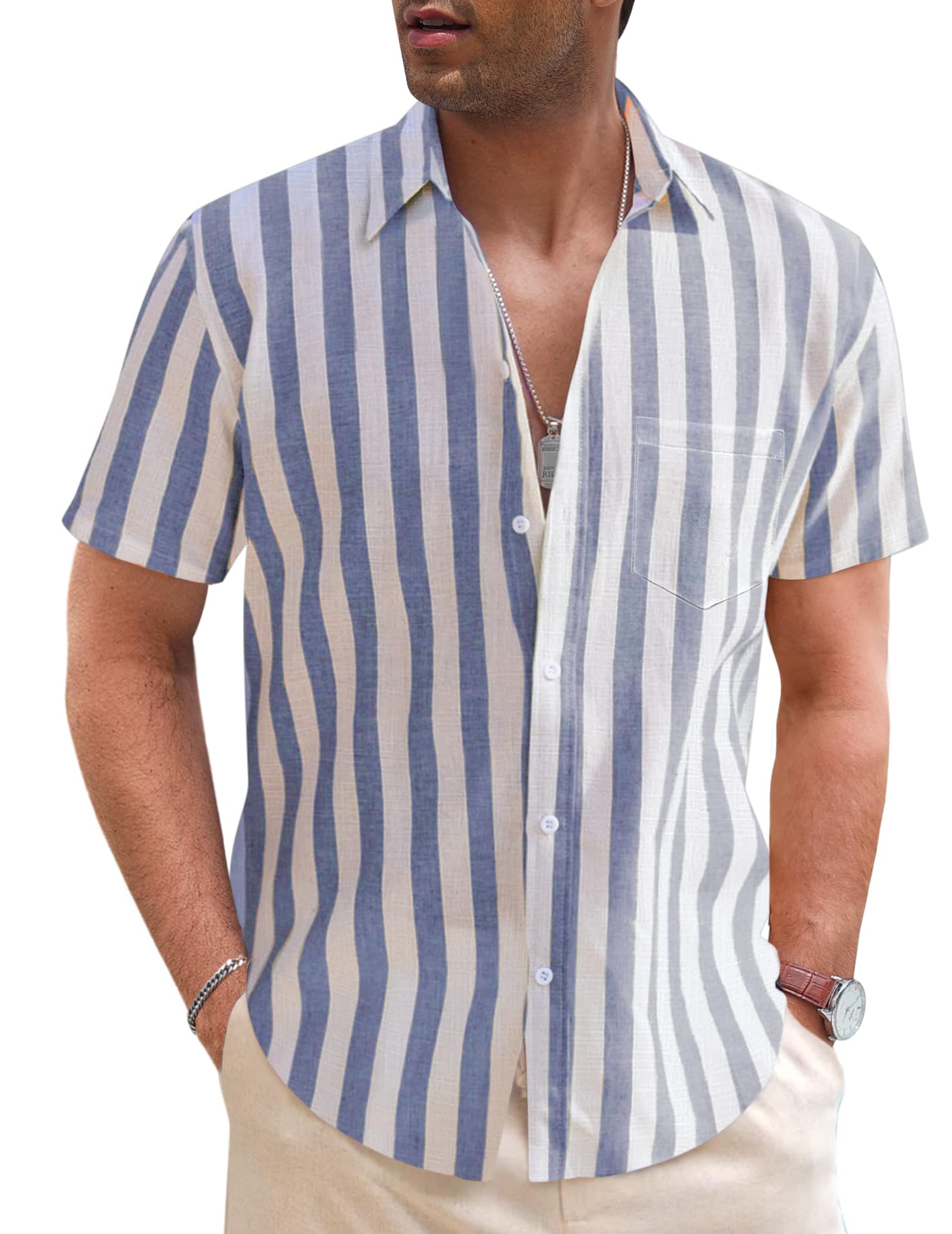 TARAINYA Camisas Rayas Hombre Lino Manga Corta Verano Causal Camisas Hawaianas Hombre Regular Fit