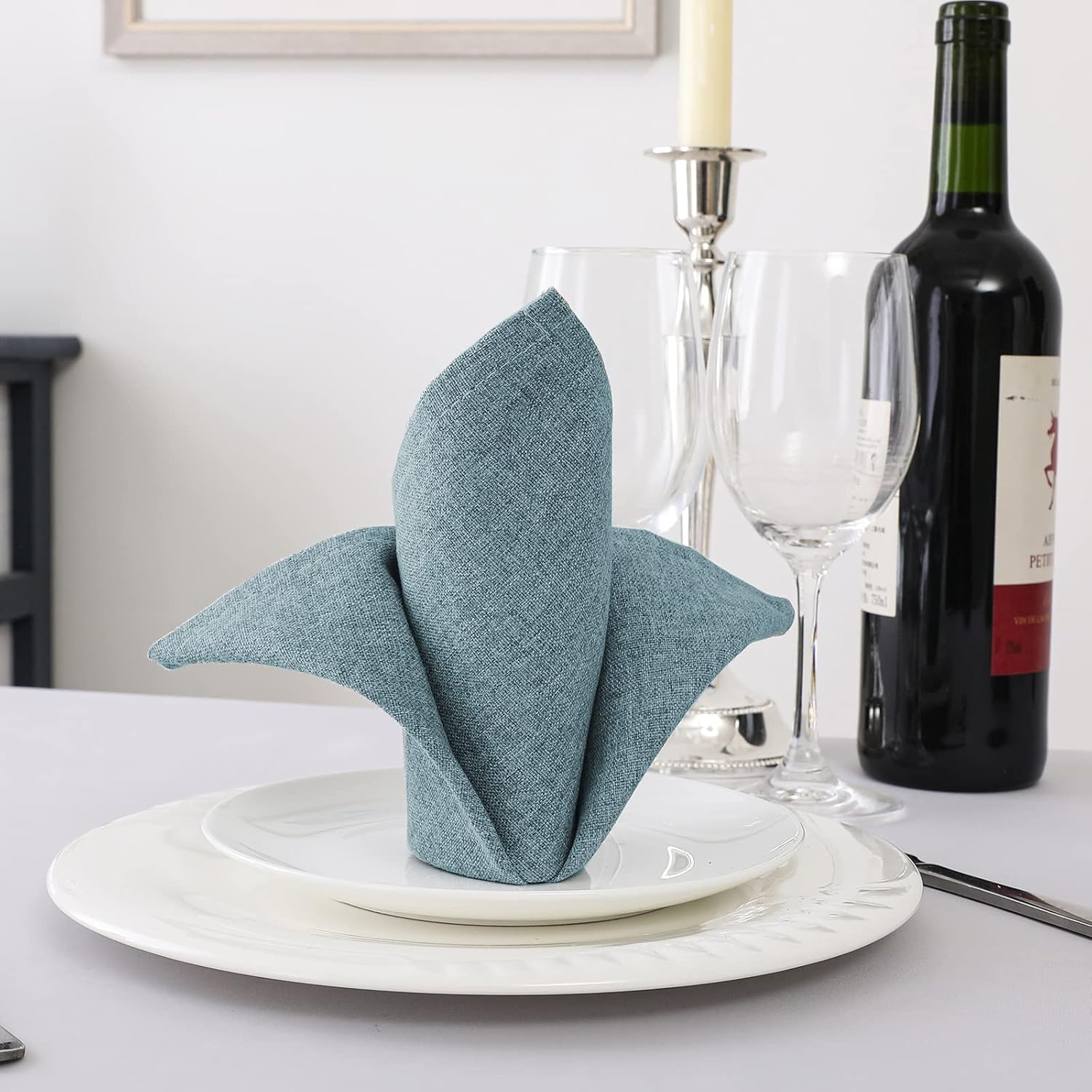 H.VERSAILTEX Linen Textured Cloth Napkins Set of 12 (18" X 18") Linen Textured Dinner Napkins Waterproof Extra Soft Thick Durable Reusable Napkins with Hemmed Edges, Heather Stone Blue