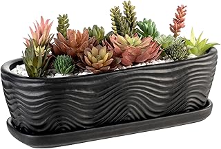 MyGift 13.5 inch Succulent Planter Pot, Oval Modern Ceramic Plant Box Co...