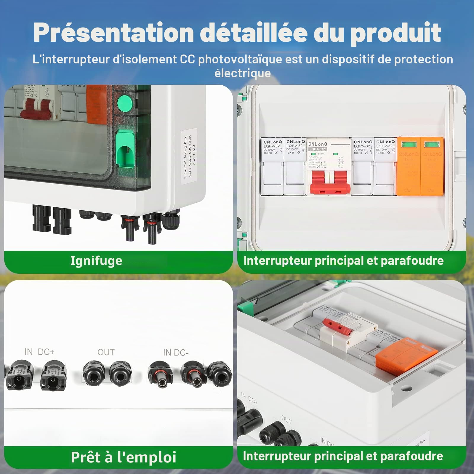 Jadeshay Boîte de Combinaison Photovoltaïque, Boîte de Jonction Solaire avec Disjoncteur 32A Parafoudre DC et Connecteur Solaire, 500V 32A 2 en 1 Sortie pour Système Solaire