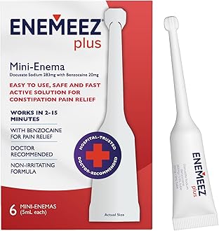 Enemeez Plus Mini-Enemas, docusate Sodium with benzocaine Stool Softener, Fast-Acting Constipation Relief, Promotes Bowel Movement in 2-15 Minutes, 1 Box with 6 Total Single-Use 5ml Tubes