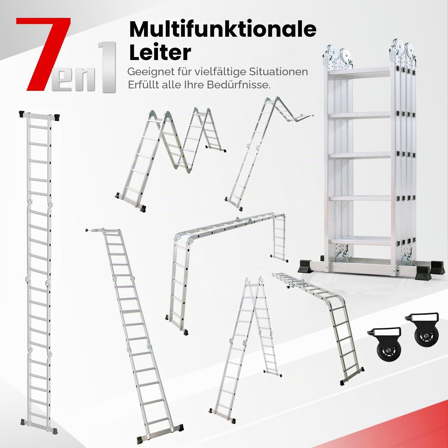 OUTIGO Mehrzweckleiter 4x5, 7in1 Multifunktionsleiter, 572CM Alu Vielzweckleiter Klappleiter mit 2 Räder, Multifunktionsleiter 20 Sprossen (4 x 5 Stufen)