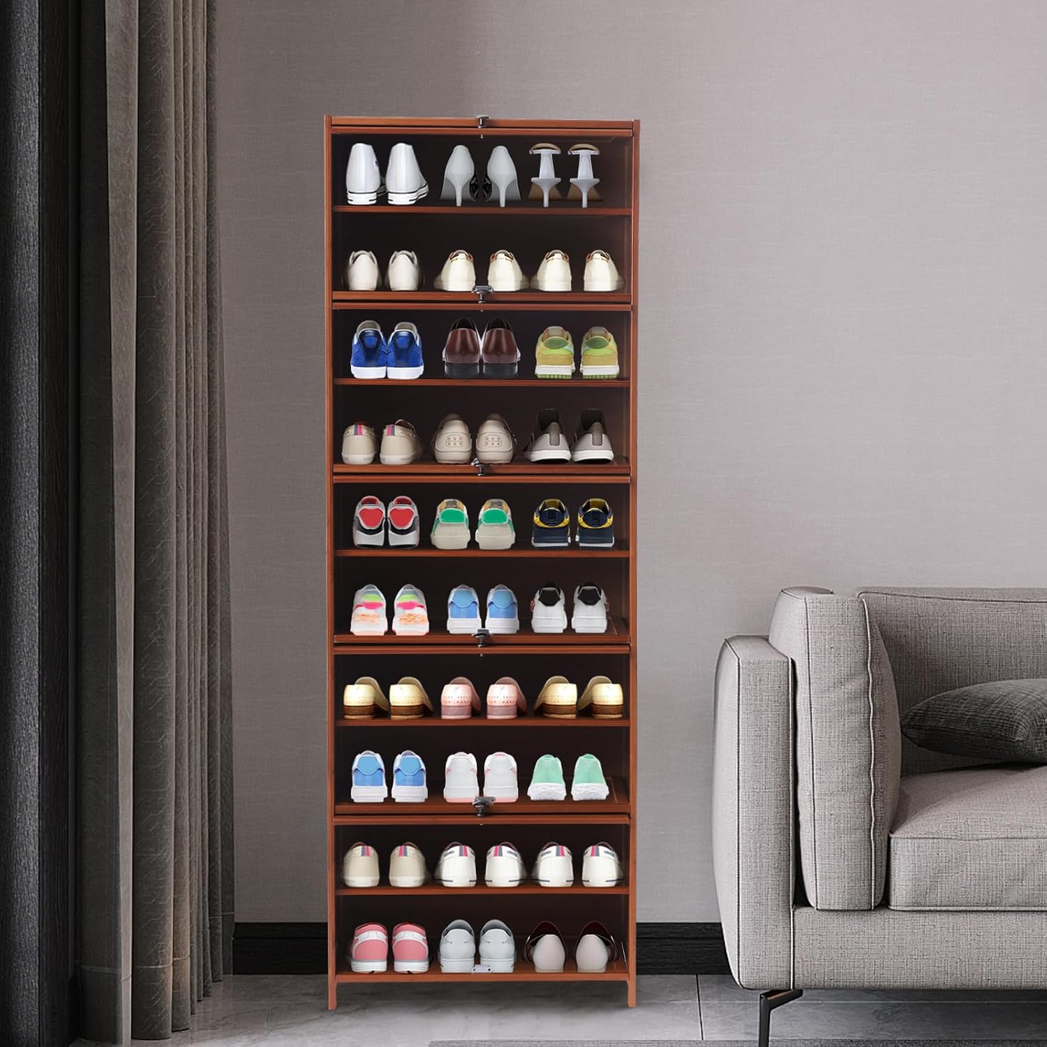 10-Tier Bamboo Shoe Shelf Organizer Cabinet,Tall Bamboo Hidden Shoe Storage with Cabinet Concealed Sliding Doors,30 Pairs Freestanding Shoes Heels Sneakers Shelf Rack for Bedroom Hallway