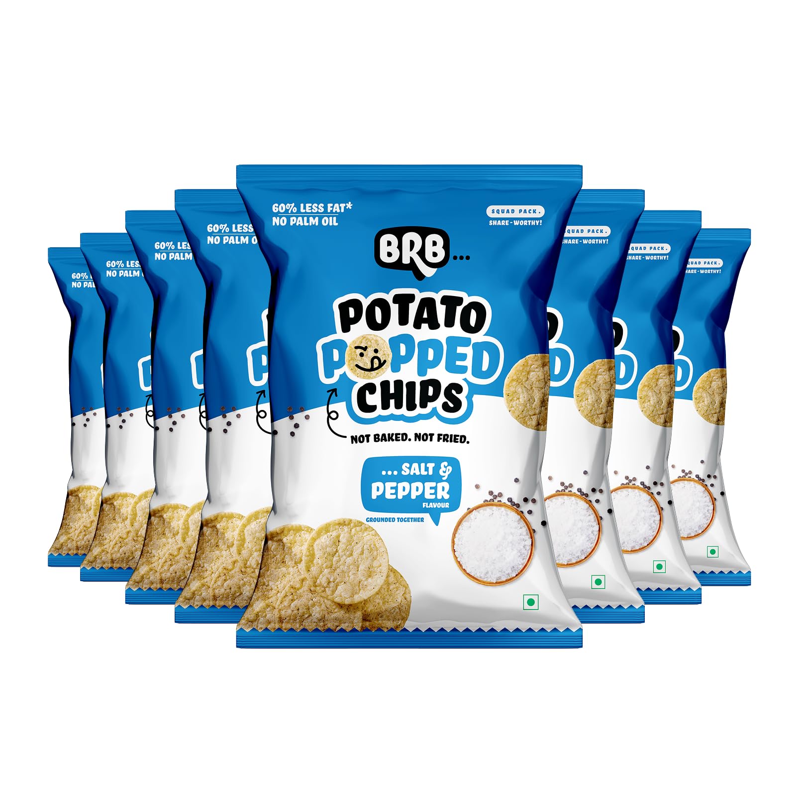 BRB Popped Potato Chips | Salt & Pepper Flavour | Not Fried, Not Baked | 60% Less Oil, Lower Calorie, No Palm Oil, Healthy Snack | 8 x (48g/51g) Combo Pack (weight may vary)