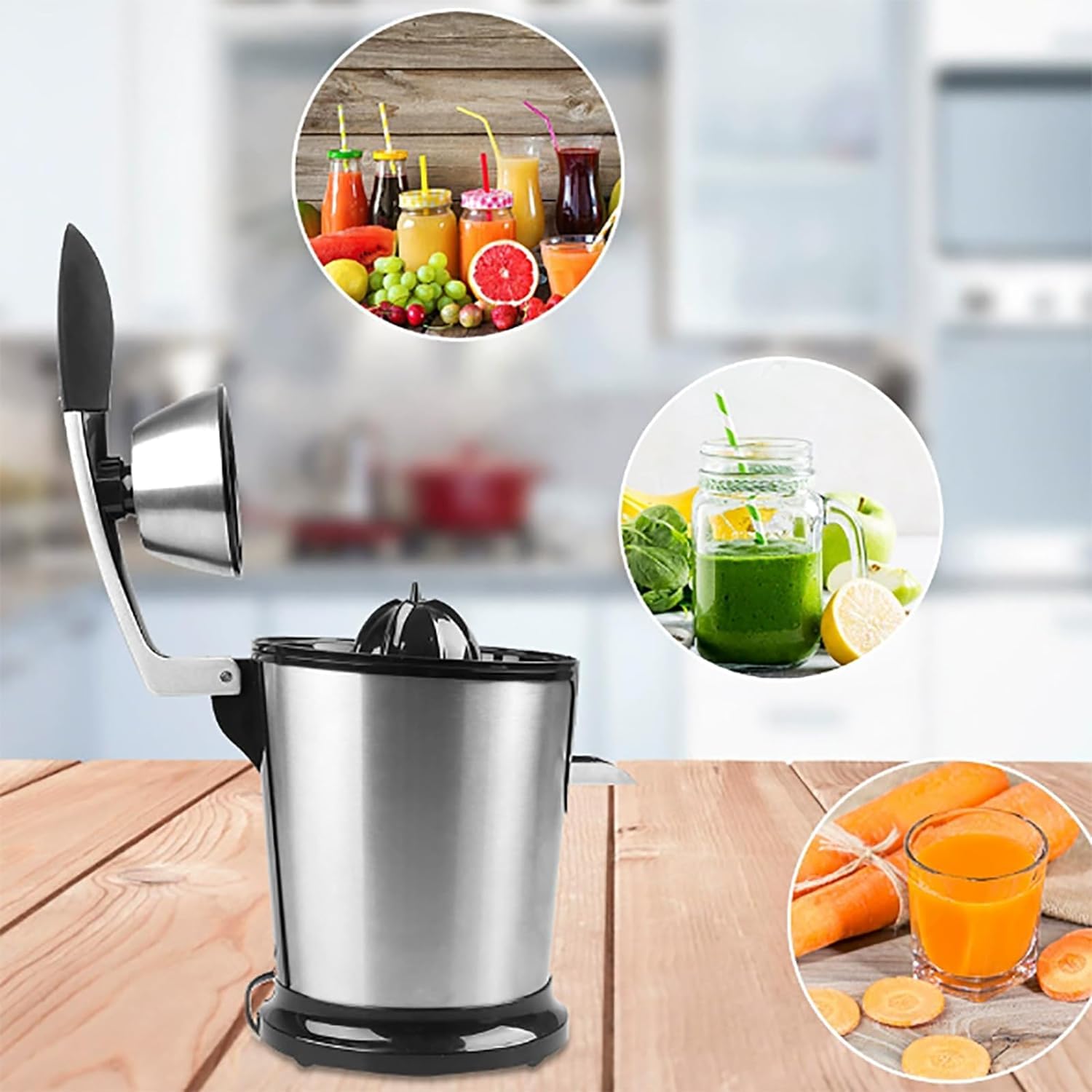 Exprimidor de Naranja Electrico 350W, Exprimidor de Zumo con Mango para Presionar, Extractor Jugo Limon con Palanca Easy Press, Exprime los Citricos Con Brazo de Prensar, Cuerpo Acero, Deposito 400ml