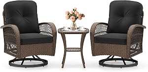 KOTEK 3 Piece Patio Furniture Set, Outdoor 360 Degree Swivel Rocker Patio Chairs with Tempered Glass Side Table & Thickened Cushions, Wicker Glider Chairs for Patio Porch Poolside (Black)