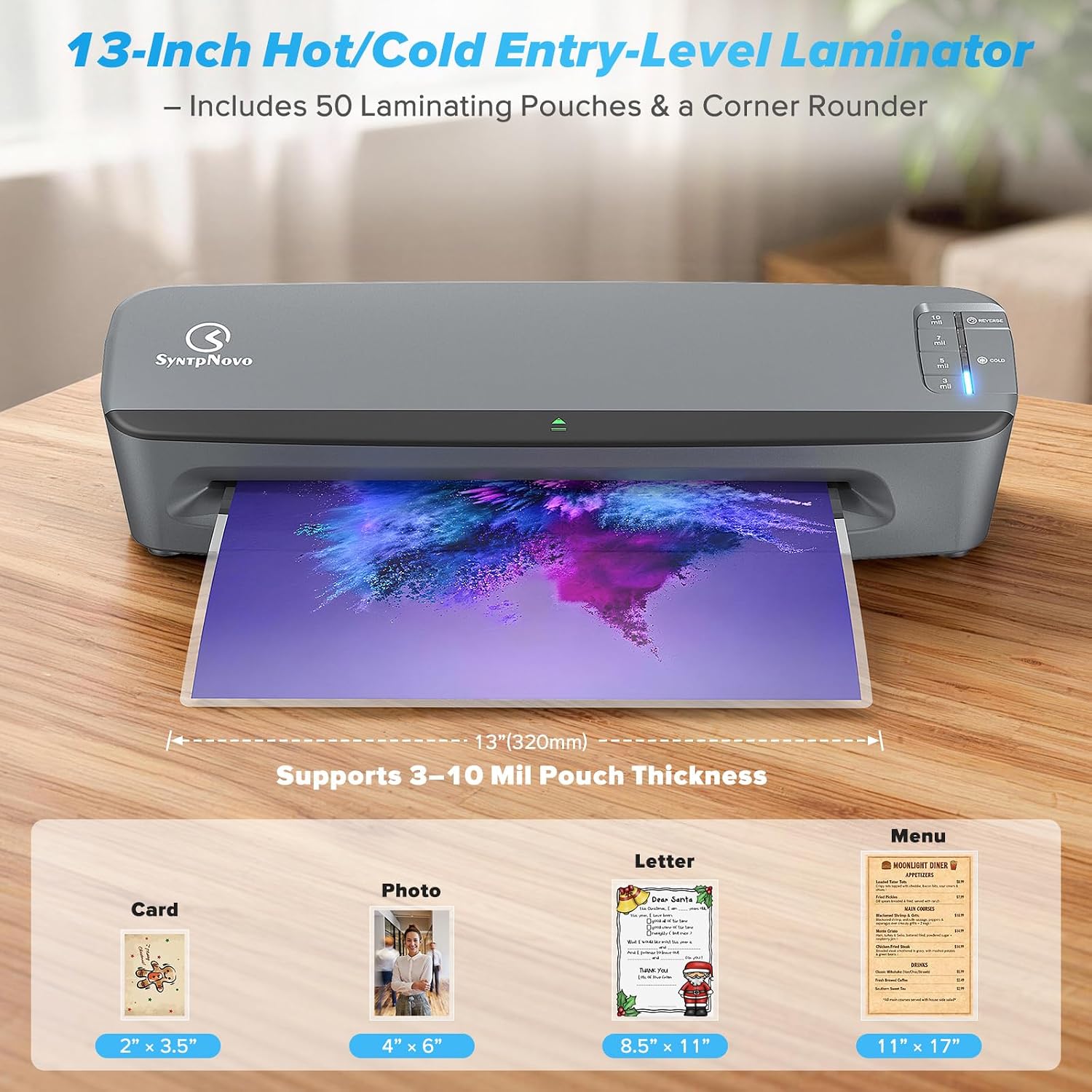13 inch 4-Roller Heavy Duty Laminator Machine, 990mm/ Min Speed, 3-10 Mil, 60S Warm-up, A3 Thermal Commercial Laminating Machine with 50 Sheets for Home, Office, School, Crafts Gray