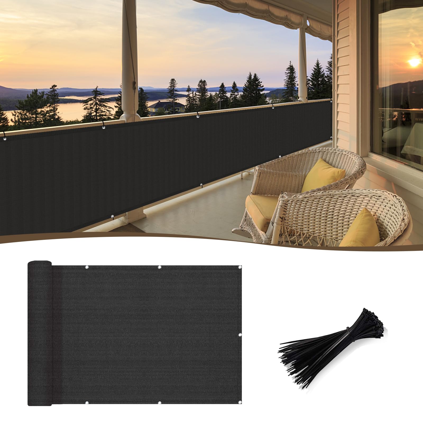 SUNNY GUARD 2.5'x10' Black Balcony Privacy Screen Fence, Apartments Railing, Heavy Duty Wind Screen for Outdoor,Backyard,Patio,Deck Privacy(We Make Custom Sizes)