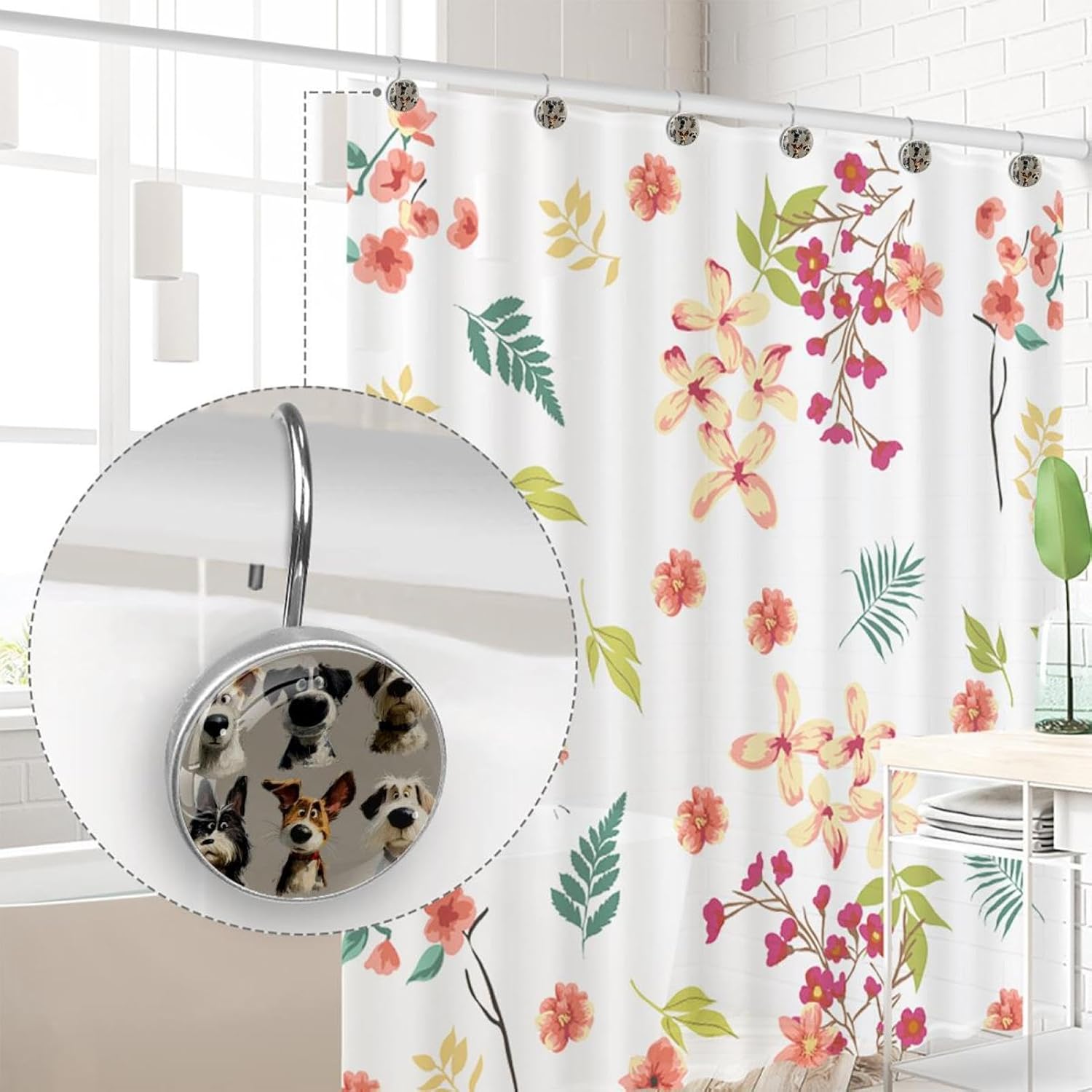 Puppy Dogs (3) Round Crystal Glass Decorative Shower Curtain Hooks with 3D Pattern Visual, Rust Proof Shower Curtain Rings-12 Pack