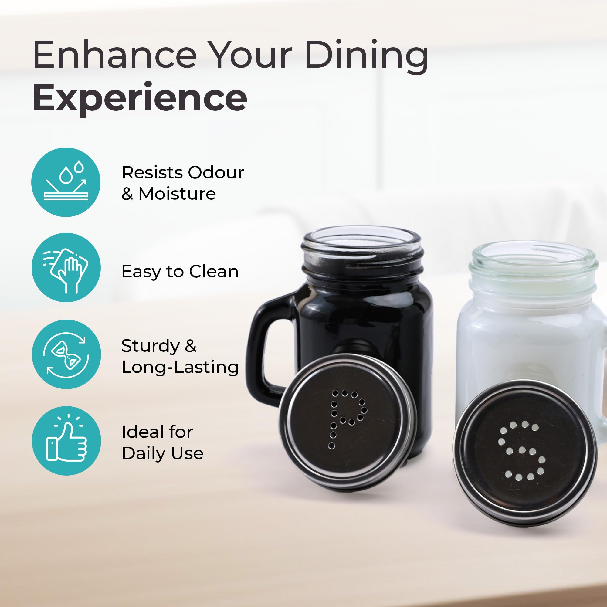 The Better Home Glass Salt & Pepper Shakers Set- Black & White | Moisture-Proof Seasoning Shakers with Handle | Perfect Pour Holes for Kitchen Dining Table Restaurant (Pack of 1) — Amazon image 2