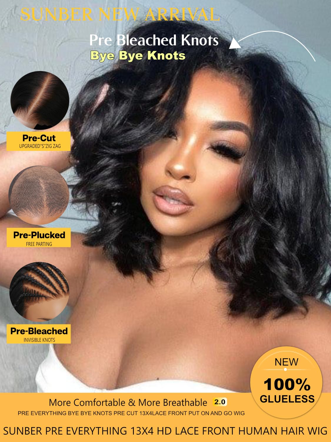 Sunber 13x4 Lace Front Human Hair Bob Wigs Pre Everything 12A Human Hair Bob Pre Plucked Invisible Knots 10Inch Short Bob Wig 150% Density Glueless Bob Wig