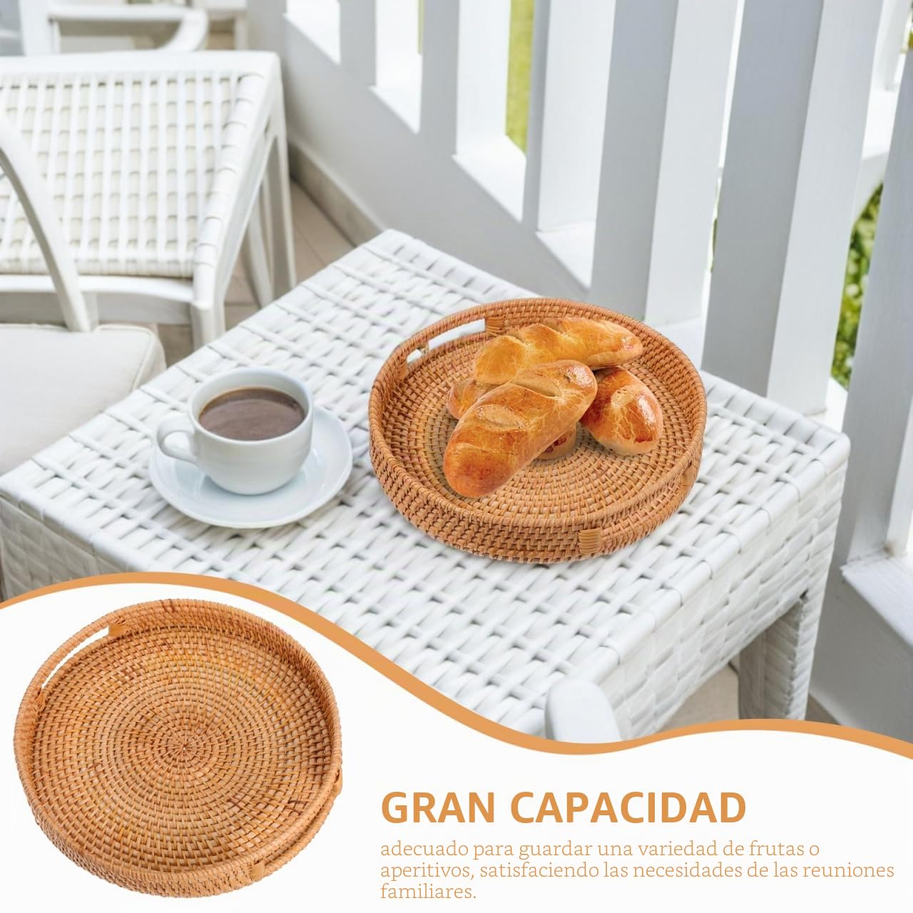 iplusmile Bandeja Redonda Grande De Ratán Natural De 13.77 Pulgadas con Asa Hueca para Servir Frutas Aperitivos Y Bebidas Bandeja Tejida a Mano Ideal para Cocina Y Exteriores