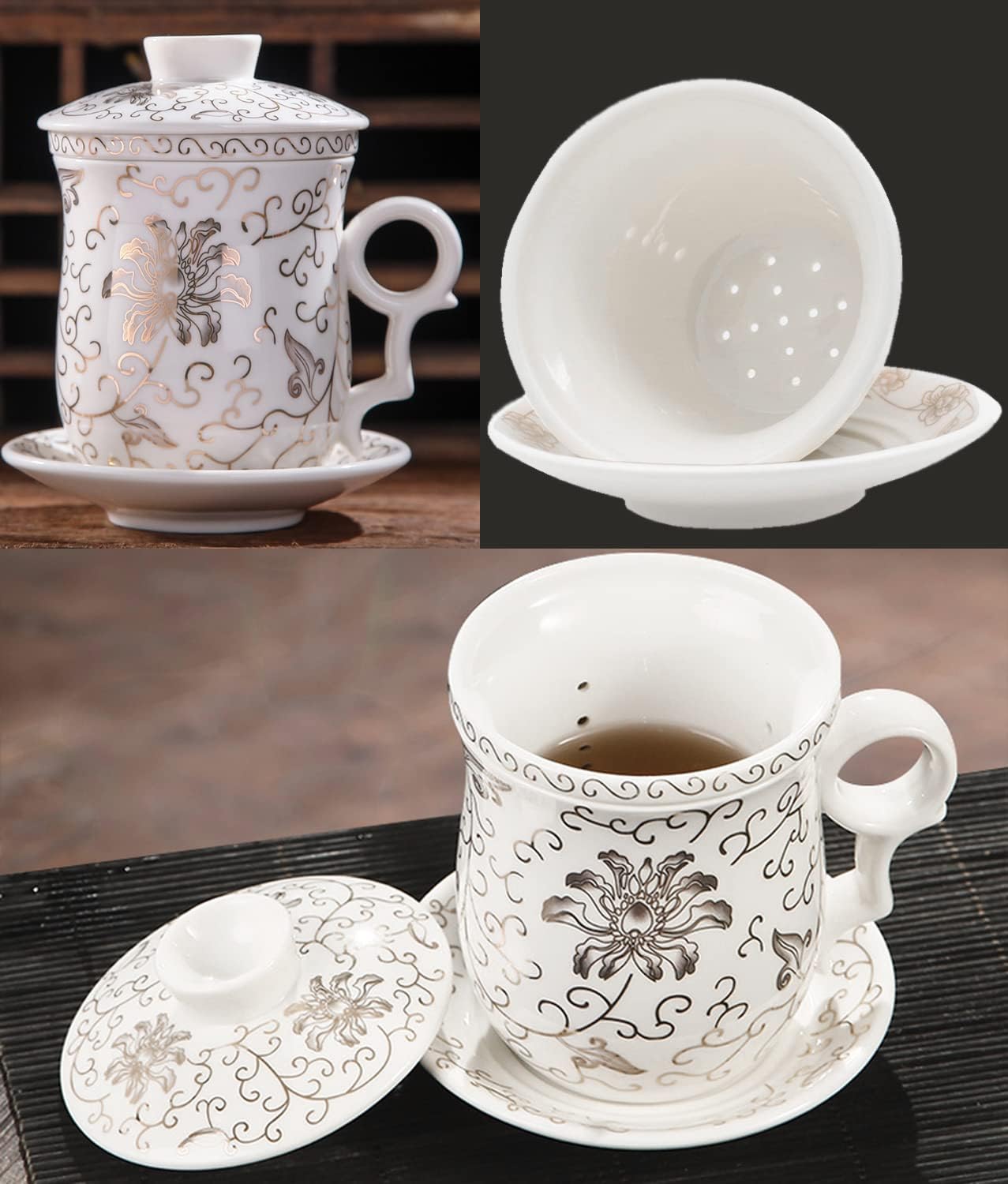 Porcelain Tea Cup with Lid and Saucer Infuser Sets - Chinese Jingdezhen Ceramics Coffee Mug Teacup Loose Leaf Tea Brewing System for Home Office