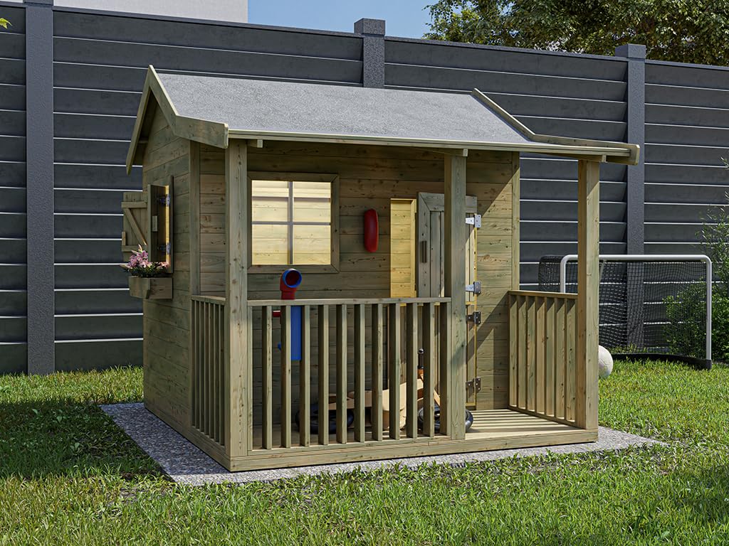 Spielhaus Saloon KDI | 169x183x178 cm | Kesseldruckimprägniert | Mit Veranda, Fußboden & 3 Fenstern | Inkl. Blumenkästen | Kinder Spielhaus