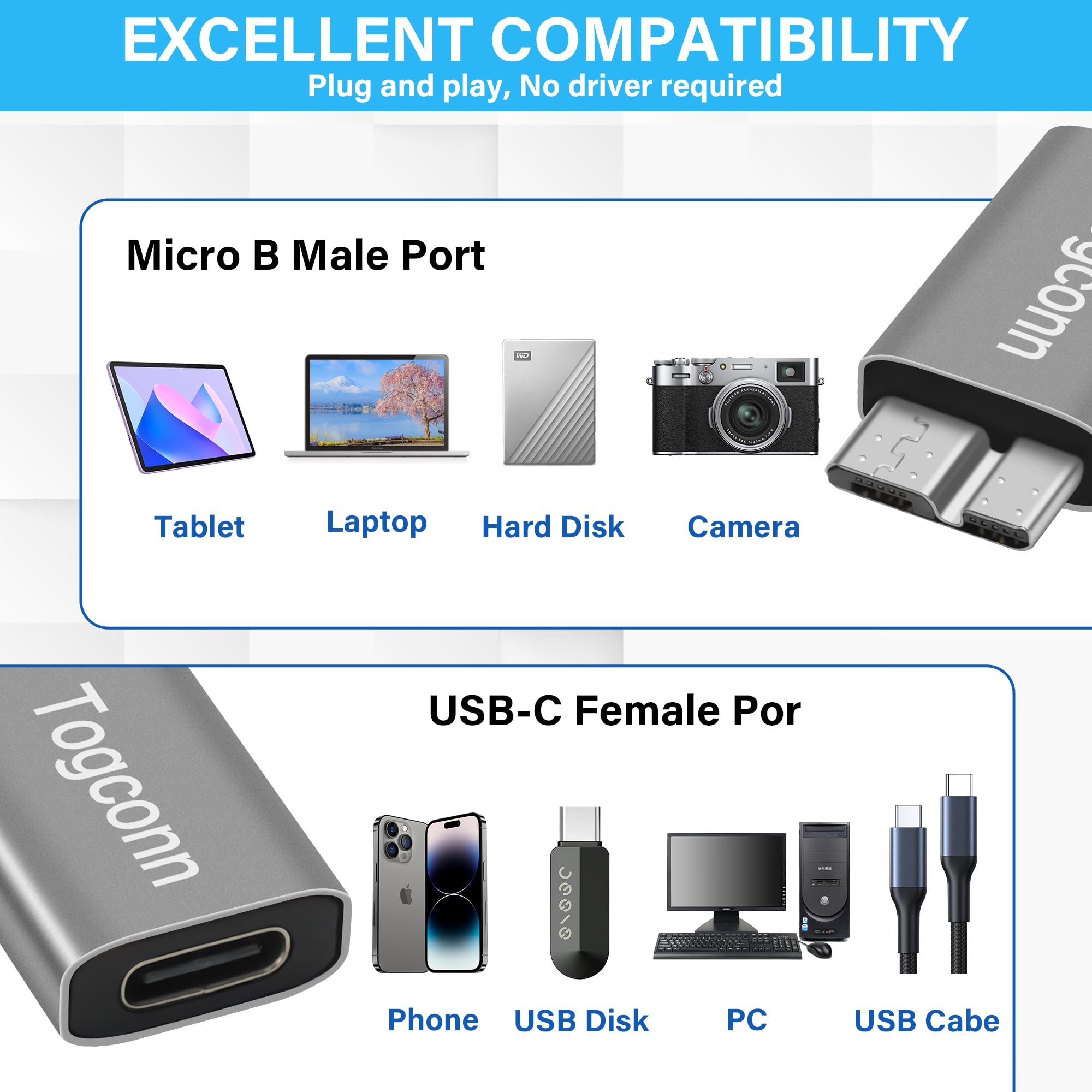 Kework Confezione da 2 adattatori Micro B USB a USB Tipo C