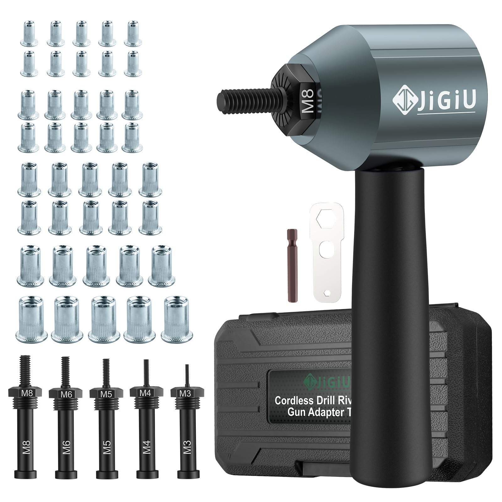 JiGiU Adaptador de Taladro de Tuerca Remachadora Electrica con 5 Mandriles (M3 M4 M5 M6 M8) y 40 Tuercas Fácil de Instalar para Mantenimiento Mecánico de Automóviles