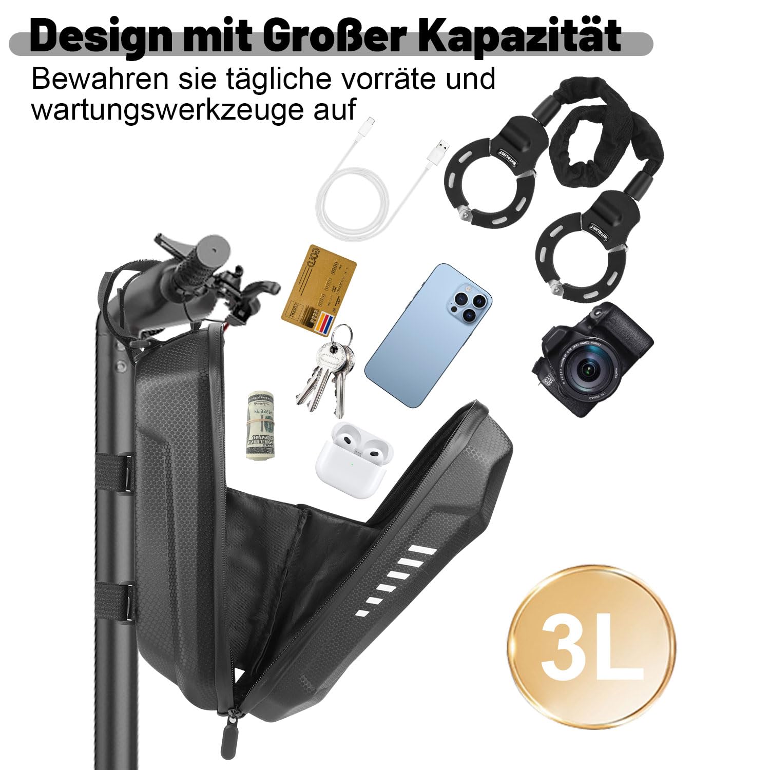 E Scooter Schloss, Handschellenschloss, Schloss für E Scooter mit Rollertasche, Fahrrad Zubehör, Schnittfestes Rollenschloss, Handschellen Kabelschloss für Segway, Ninebot, Xiaomi, NIU Scooter