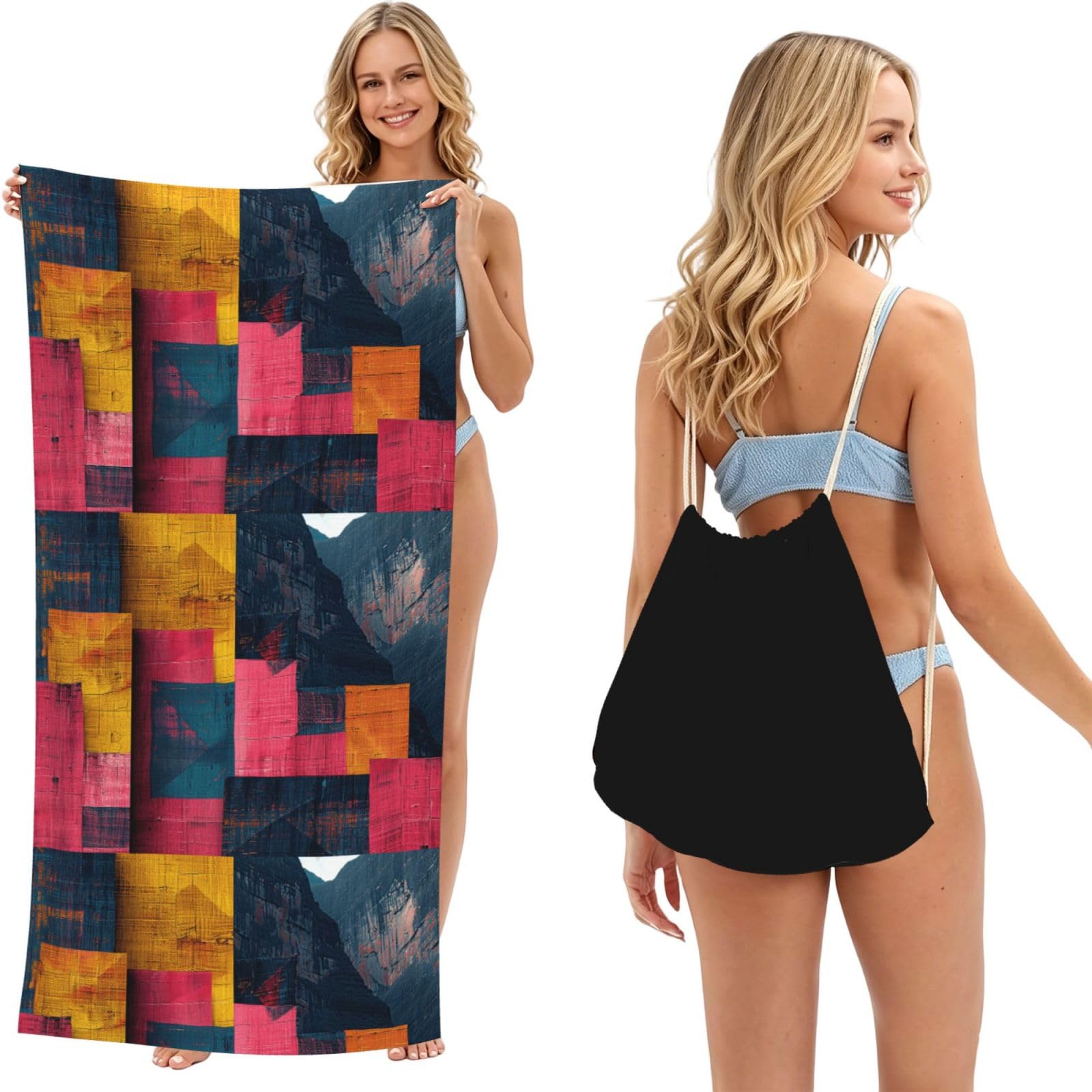 SKGOHLH Splicing Blocks 2in1 Packable Beach Towel Bag Women