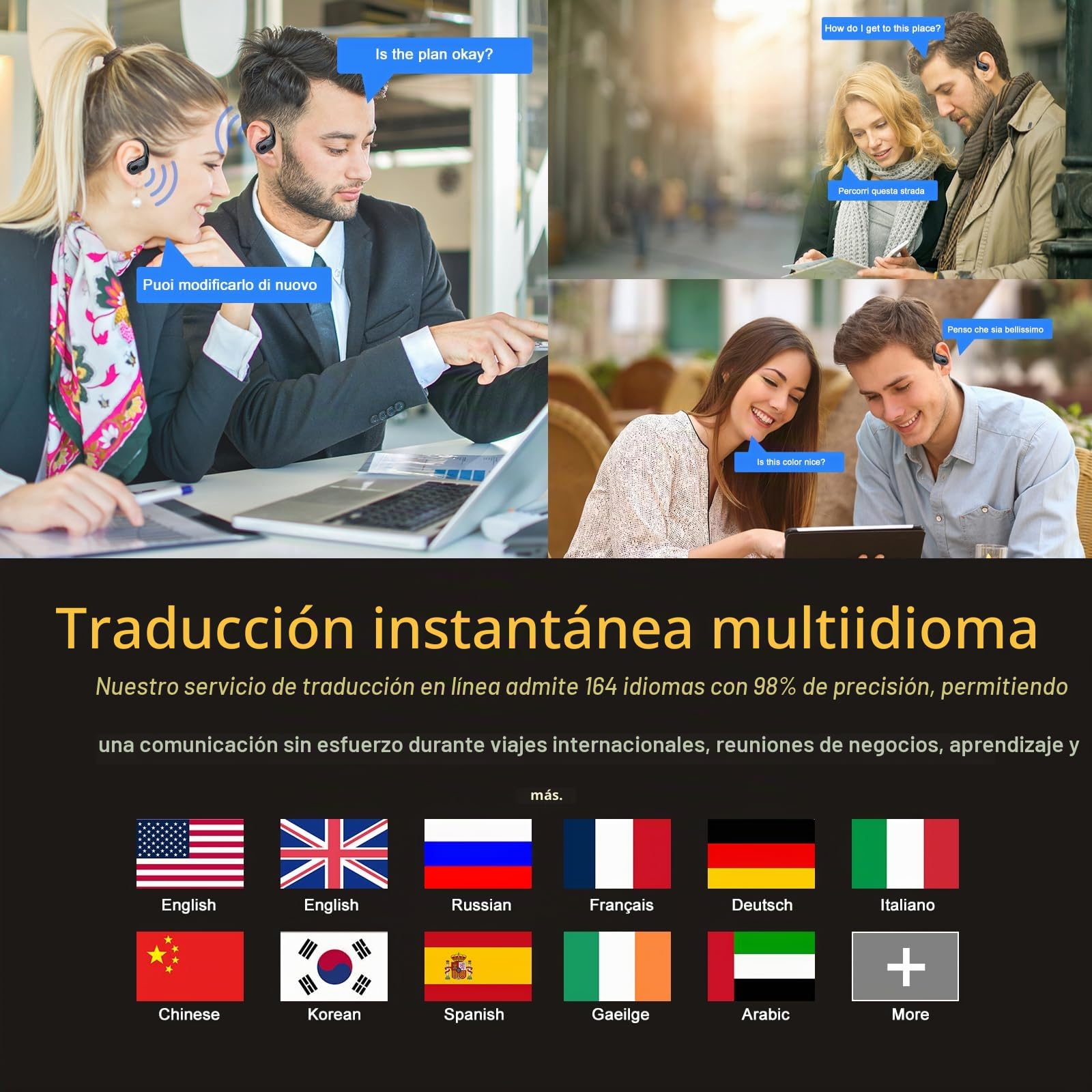 AI Auriculares Traductor 3 in 1 AI Auriculares Traductor, Bluetooth 5.4 con ENC y App con para Viajes/Negocios/Aprendizaje, Negro