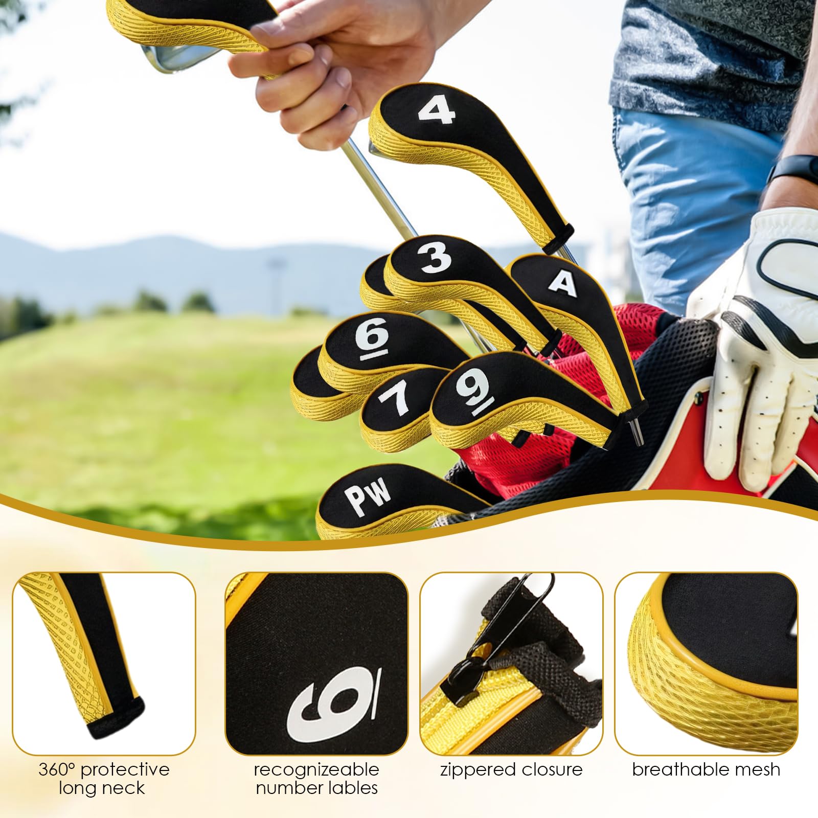 Lot de 12 housses de tête de golf, 3-9, Pw, Aw, Sw, Lw, Lw, Housse de protection imperméable à fermeture éclair, pour tête de club de golf avec étiquette numérotée, accessoire de golf pour homme et femme