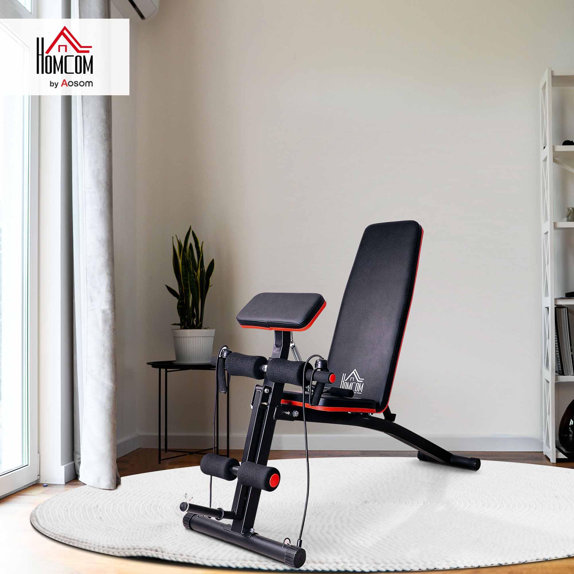 HOMCOM Panca Palestra Pieghevole, Panca Addominali Multifunzione Inclinabile con Schienale Regolabile a 7 Livelli, Macchina Leg Extension, Cuscinetto, Banda di Resistenza, per Allenamento Casa
