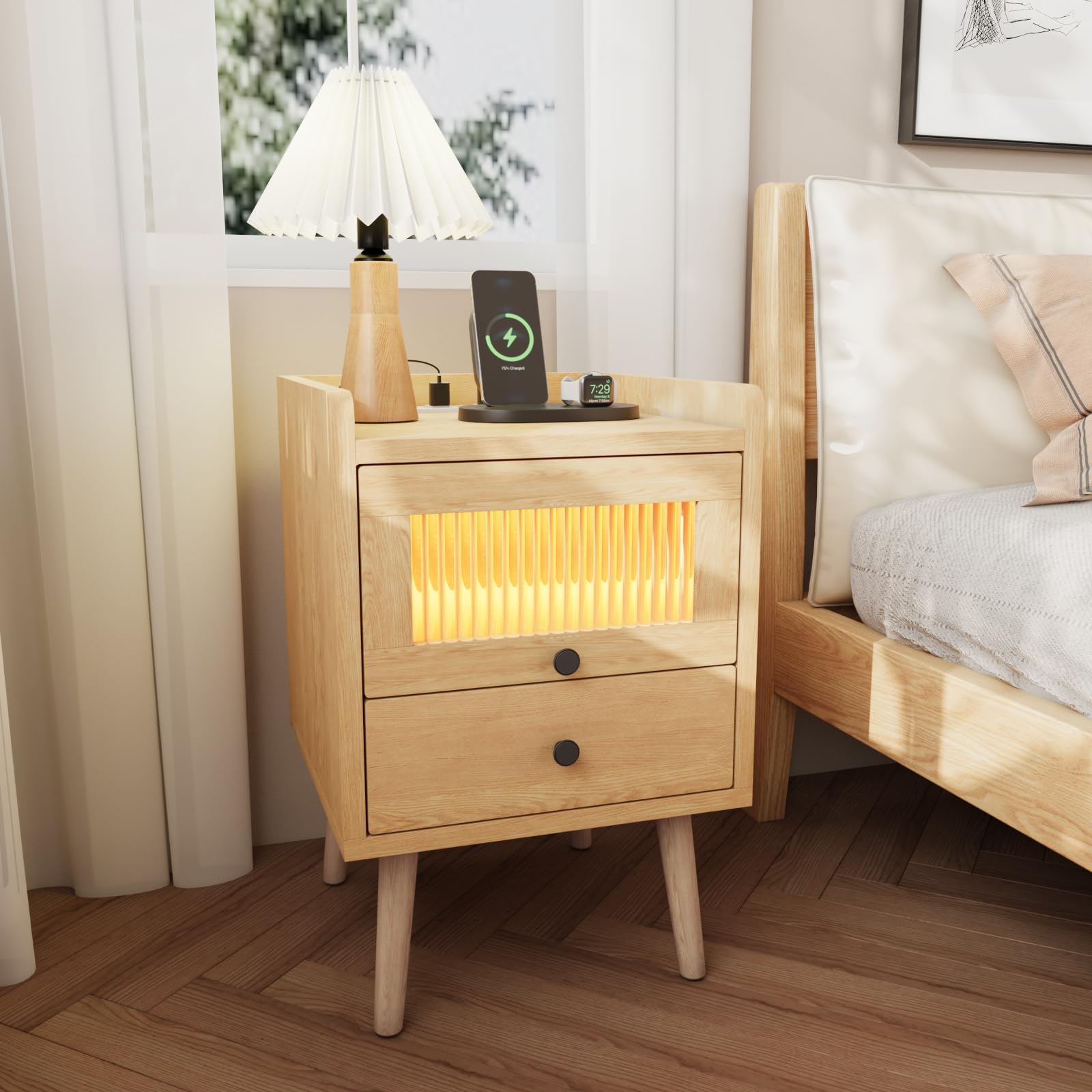 VOWNER Nightstand with Charging Station, LED Night Stand with Glass Door & Drawer, Bedside Table for Bedroom, Living Room, Natural
