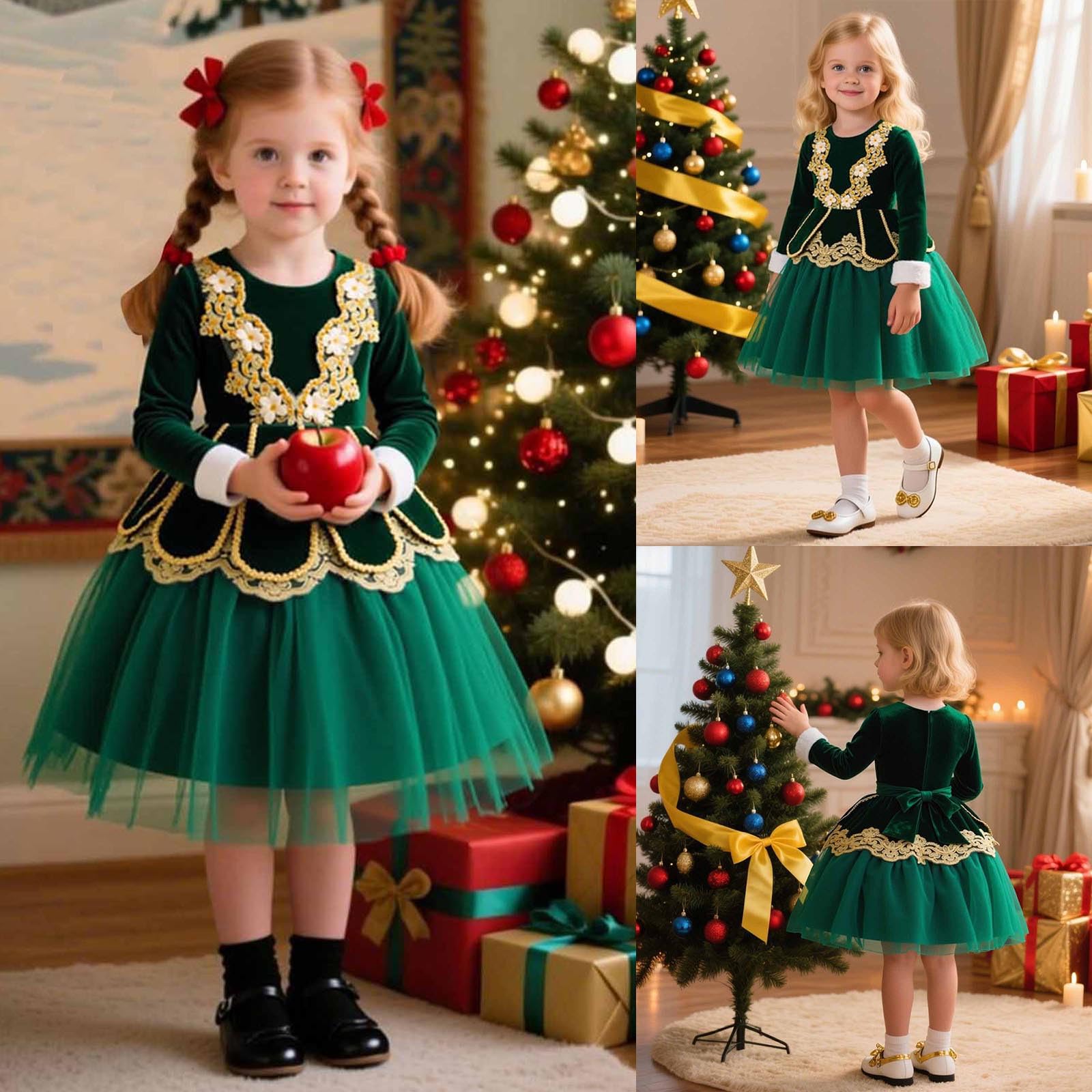 Tutu Ballet Niña Tutu Niña Falda Todas Las Estaciones Vestido Navideño Bordado De Manga Larga, Elegante para Galas, Concursos Y Celebraciones Formales En Invierno