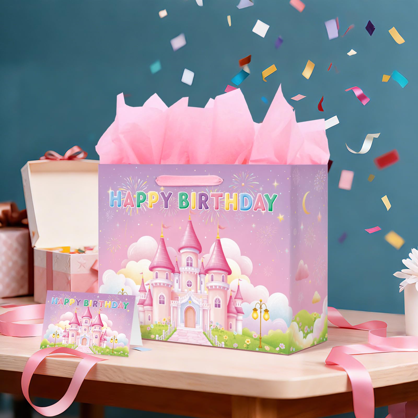 Princess Castle Birthday Gift Bag Set - Includes Card & Tissue Paper, Medium Size 13x10.2x4.9”, Ideal Birthday Bag for Women, Girls, and Kids’ Party