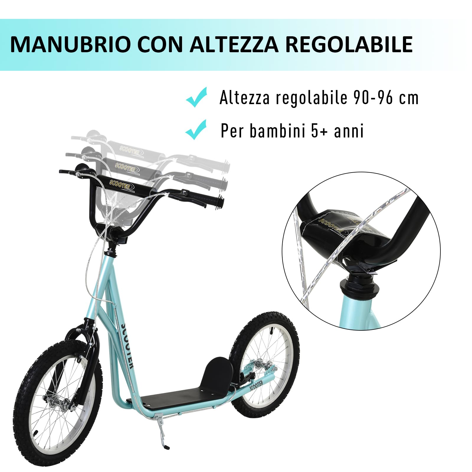 HOMCOM Monopattino con Manubrio Regolabile, Ruote Grandi, 2 Freni e Telaio in Acciaio, Azzurro, 139x58x90-96cm Max 100kg