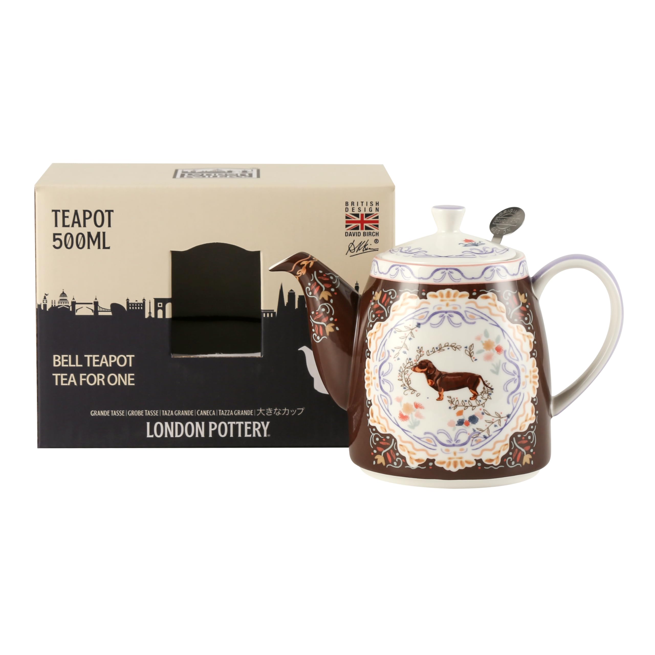 London Pottery Set di teiera, teiera e servizio per uno, in porcellana fine, con motivo animalier, tazza e piattino (cane)